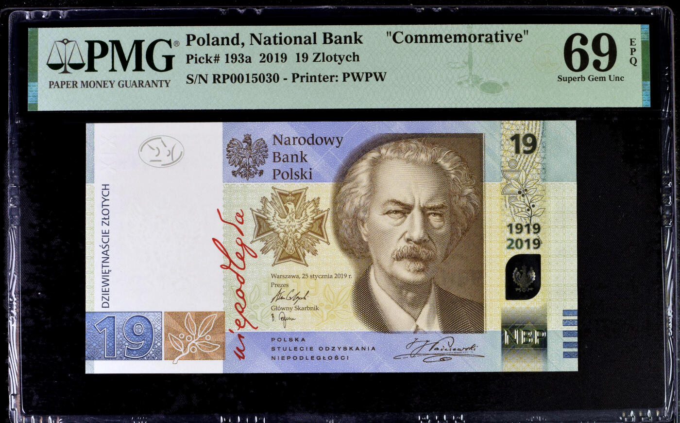 【Blue Auction】✨世界纸币精拍第500期盛典——白金之夜🔥🔥🔥 P-【无47 亚军分】波兰 2019年19兹罗提 正面人物帕德鲁夫斯基被认为是肖邦之后波兰最伟大的钢琴家之一 PMG69EPQ 近满分 