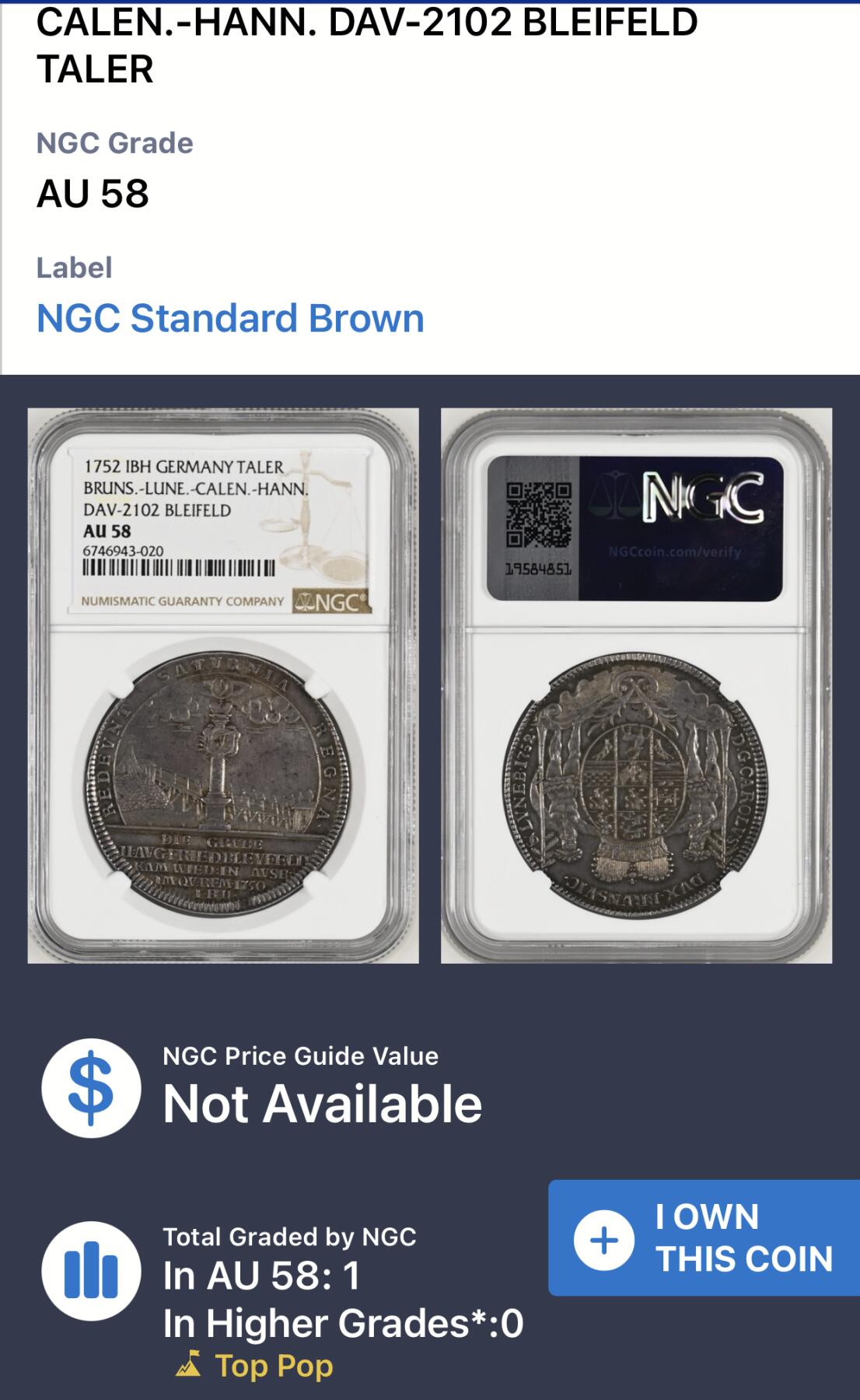 凡希社世界钱币微拍第二百七十五期 稀！1752IBH德国布伦瑞克-吕内堡-加伦堡-汉诺威矿业泰勒大银NGC-AU58，DAV#2102，珍稀二年型，英王乔治二世时期欧洲领地，N唯一冠军分！