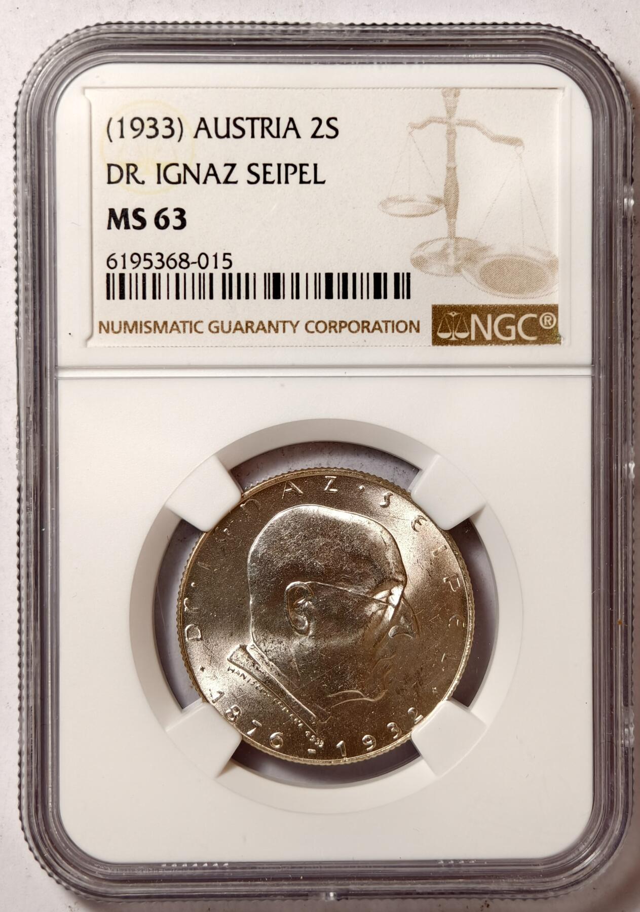 紫瑗钱币——第464期 奥地利 1933年 伊格纳兹·塞佩尔 2先令 银币 NGC MS63