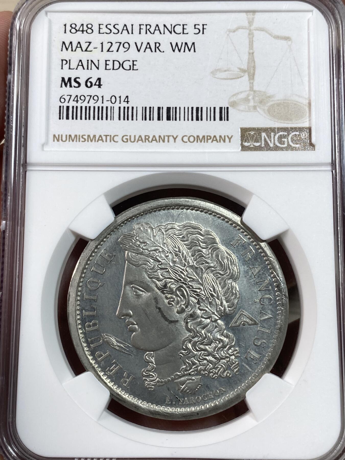 万国钱币拍卖第028期（花前月下●同享良章美币） NGC MS64 1848年法国5法郎合金大样币 MAZ-1279 essai  冠军分唯一评级 pl镜面工艺，细节打制精美。少见燕子厂标。
