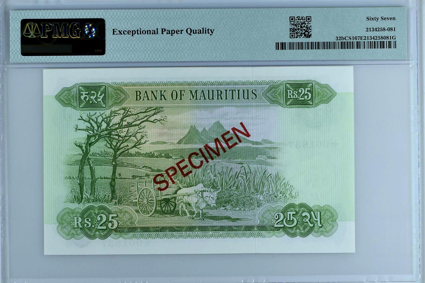【Blue Auction】✨世界纸币精拍第500期盛典——白金之夜🔥🔥🔥  M-毛里求斯 1978年25卢比 戎装女王 背面经典牛车 PMG67EPQ 高分  
