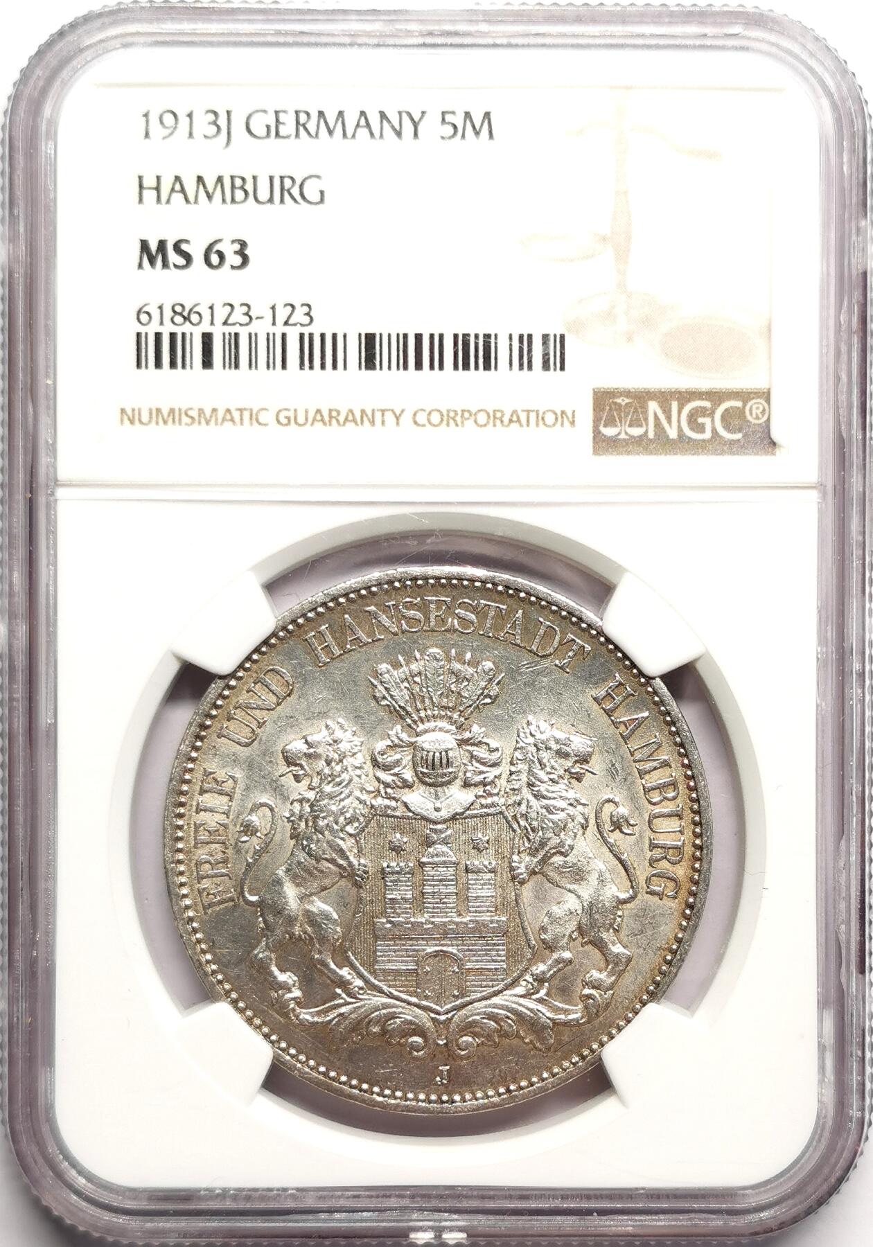 凡希社世界钱币微拍第二百七十五期 1913J德国汉堡5马克大银NGC-MS63