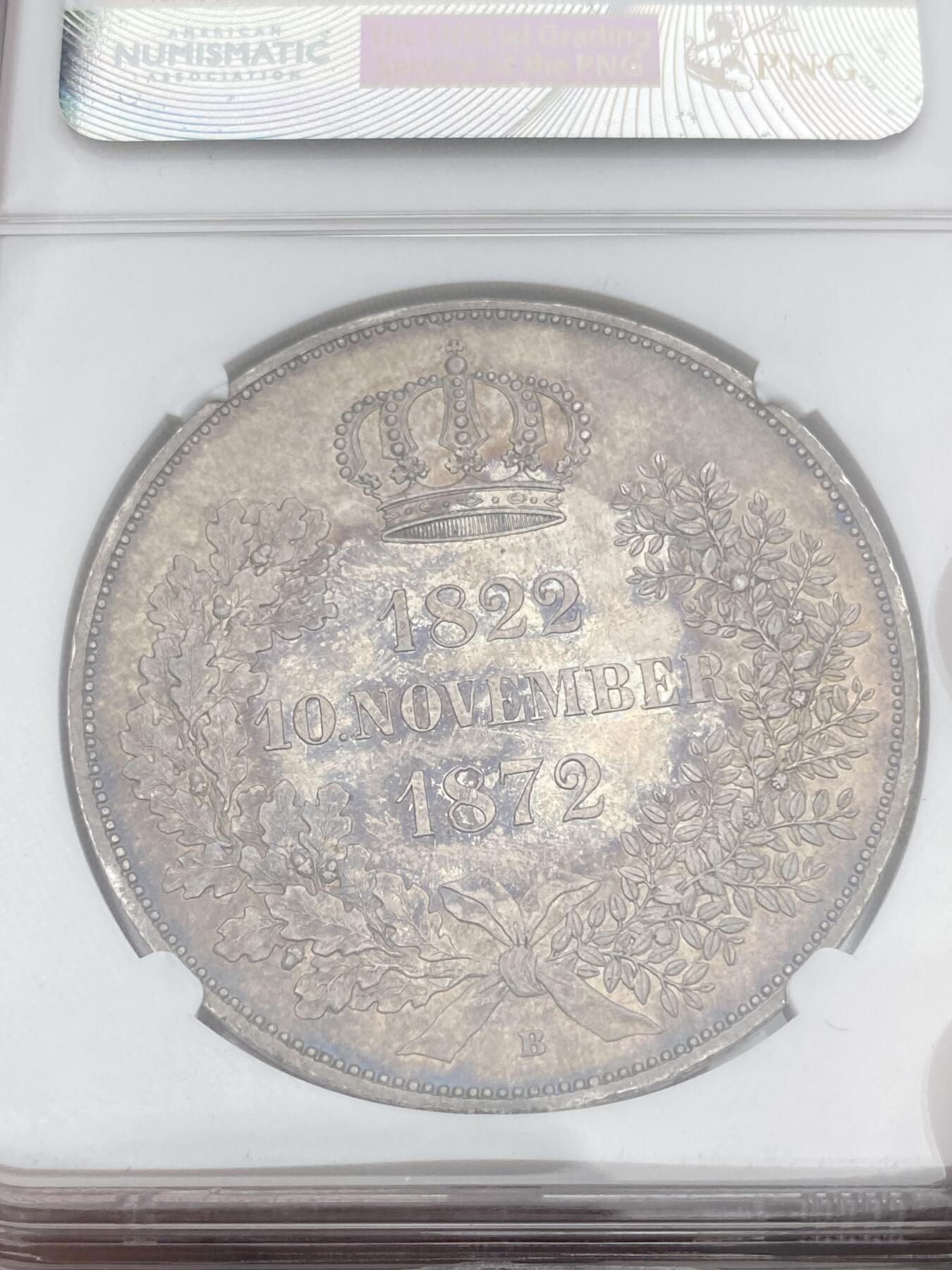 万国钱币拍卖第028期（花前月下●同享良章美币） NGC MS63 1872年德国萨克森金婚2泰勒 帝国最后的2泰勒 原味状态与酱彩包浆相辅相成