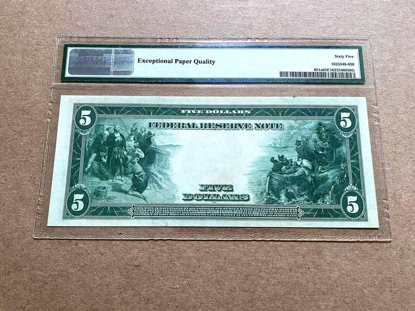 【Blue Auction】✨世界纸币精拍第500期盛典——白金之夜🔥🔥🔥 U-美国 1914年5美金 大票幅 纽约版 正面林肯 背面征服者登陆大场景雕刻精美 PMG65EPQ 老壳