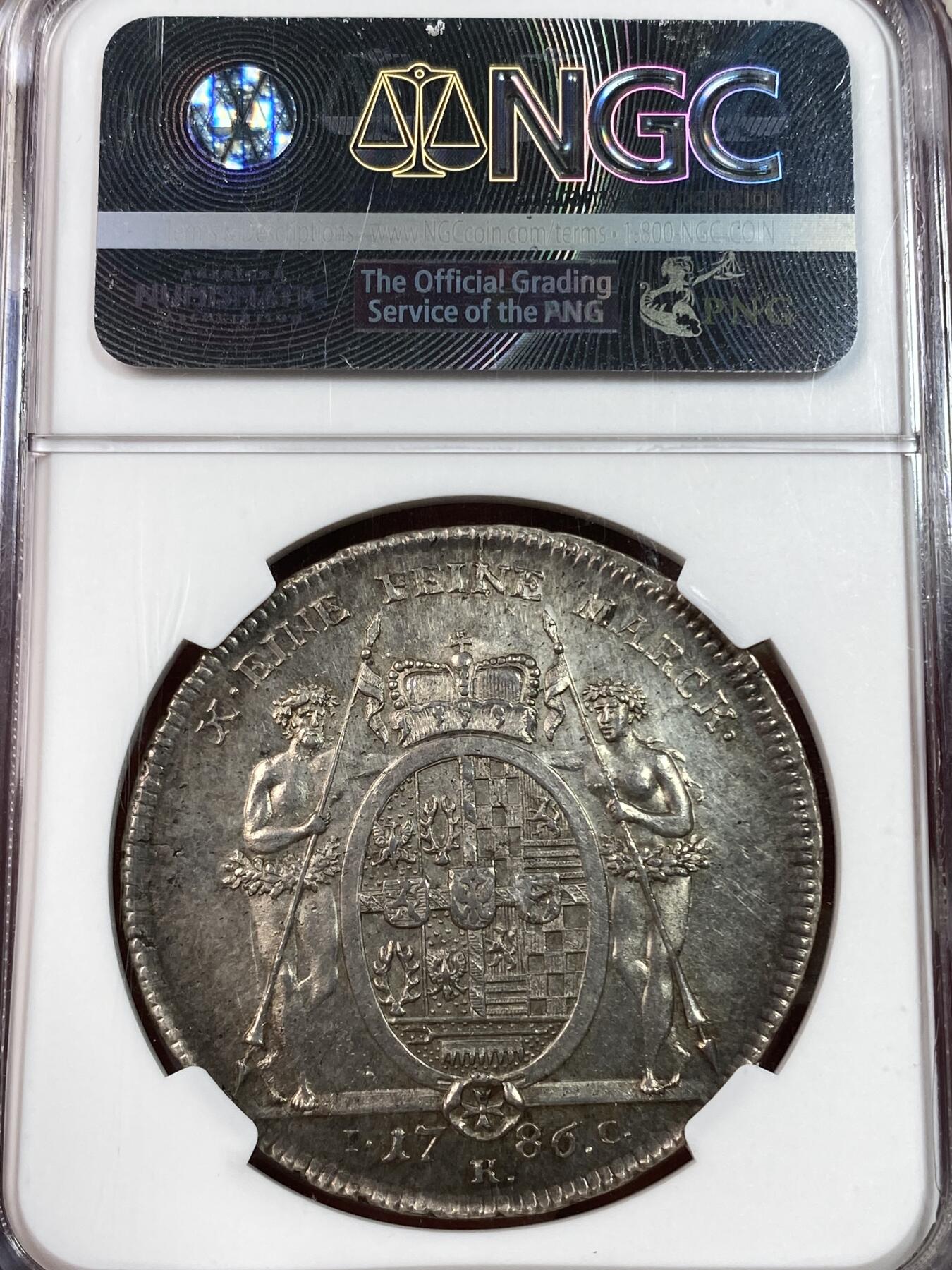 万国钱币拍卖第028期（花前月下●同享良章美币） NGC MS62 1786年德国施瓦茨堡-鲁多尔施塔特野人皇冠大泰勒 爆炸品种 MS极其难得 细节有多棒可通过野人及邦徽等精细部位一窥一二