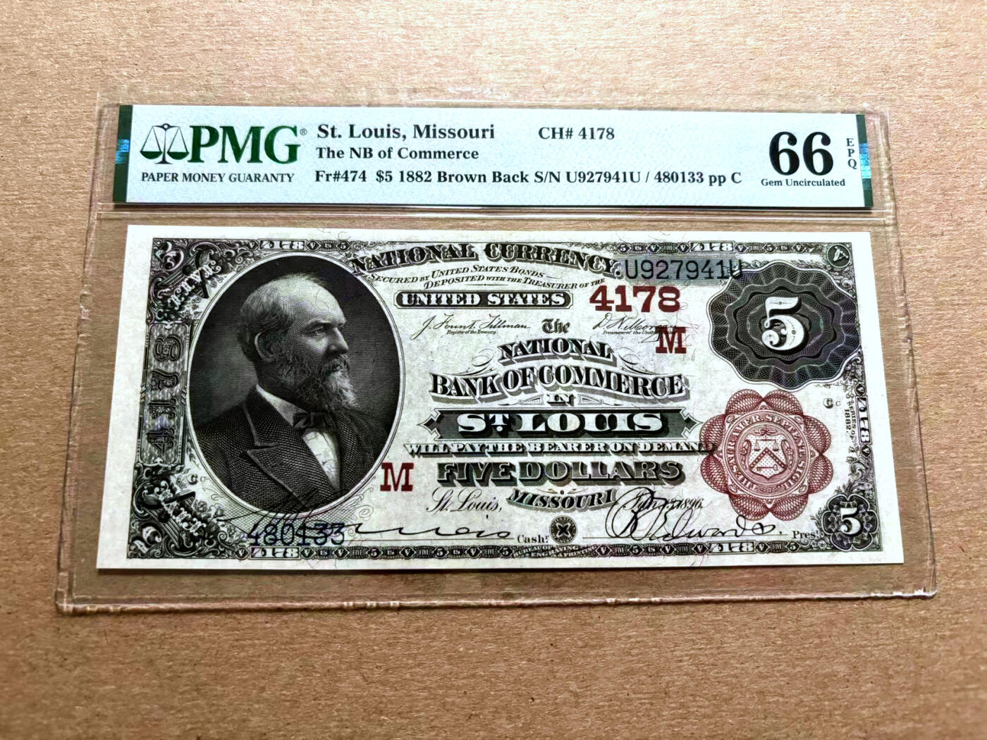 【Blue Auction】✨世界纸币精拍第500期盛典——白金之夜🔥🔥🔥    U-【红库印冠军分 仅5张】美国 1882年5美金 美国第20任总统詹姆斯·艾伯拉姆·加菲尔德 PMG66EPQ 顶级高分 凹凸感佳 人像雕刻极致 尤其是胡子 极具威严气势 老壳子 升值品种值得收藏