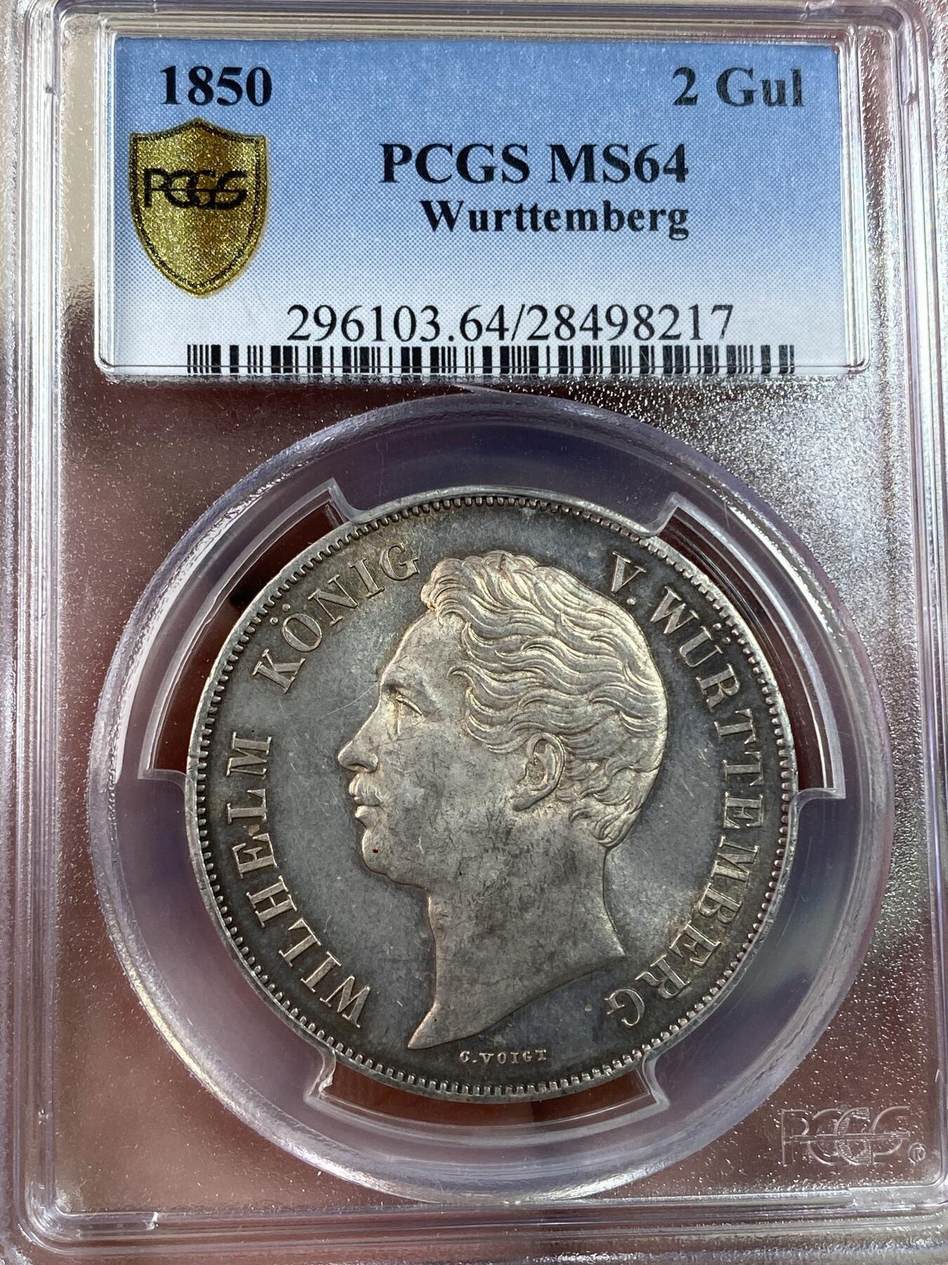 万国钱币拍卖第028期（花前月下●同享良章美币） PCGS MS64 1850年德国符腾堡狮鹿2古尔登大银币 粉光和镜面霜感非常明显 BU级别难度极大的2盾品种 PC老评亚军 更高分仅一枚