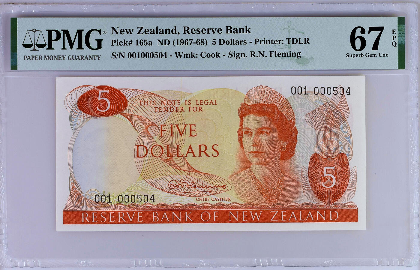 【Blue Auction】✨世界纸币精拍第500期盛典——白金之夜🔥🔥🔥  N-【001冠百位小号 冠军分】新西兰 1967-68年5元 高冠女王 PMG67EPQ 高分