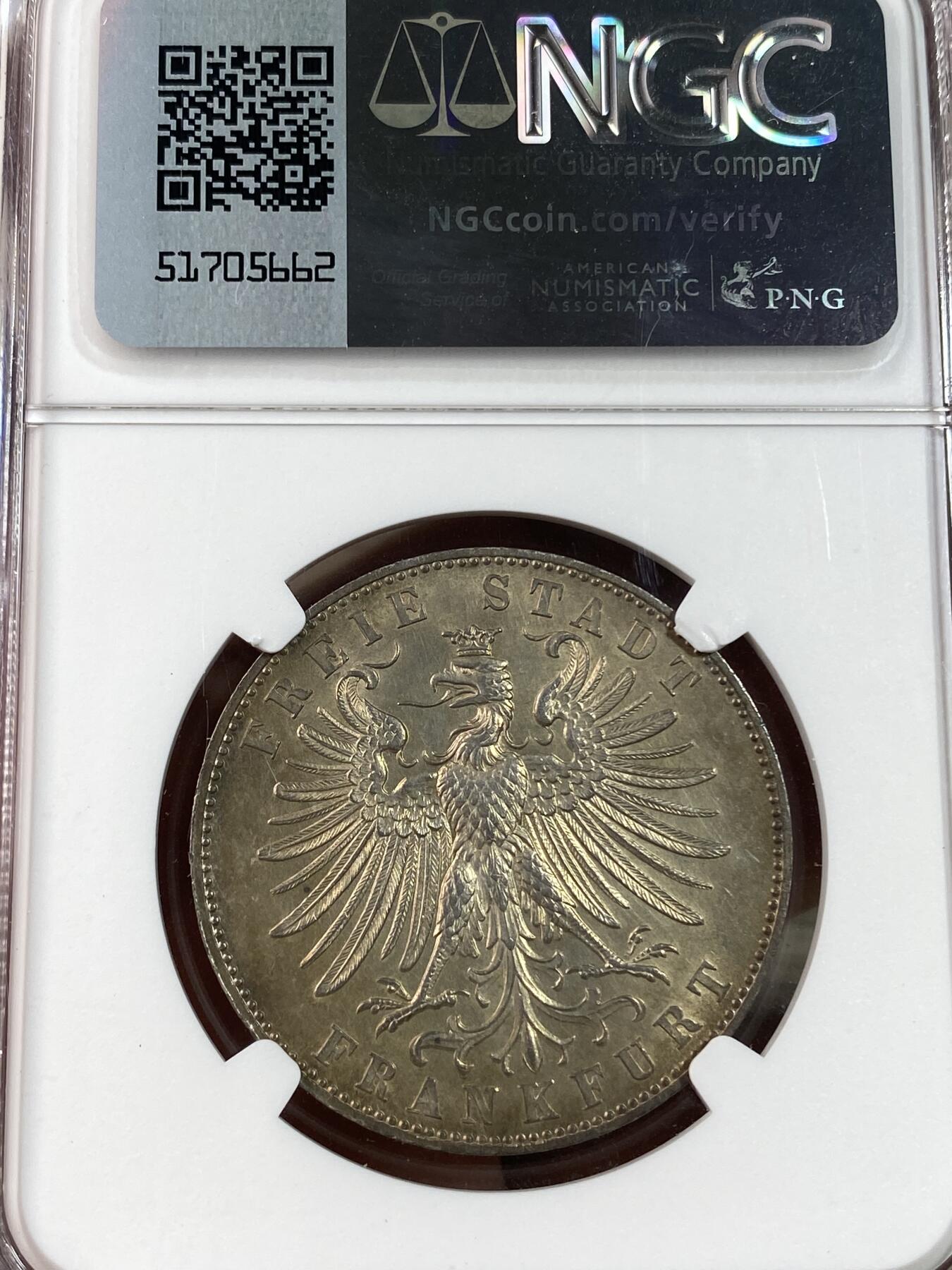 万国钱币拍卖第028期（花前月下●同享良章美币） NGC UNCD 1862年德国法兰克福射击节纪念流通1泰勒 淡金色包浆状态在线 