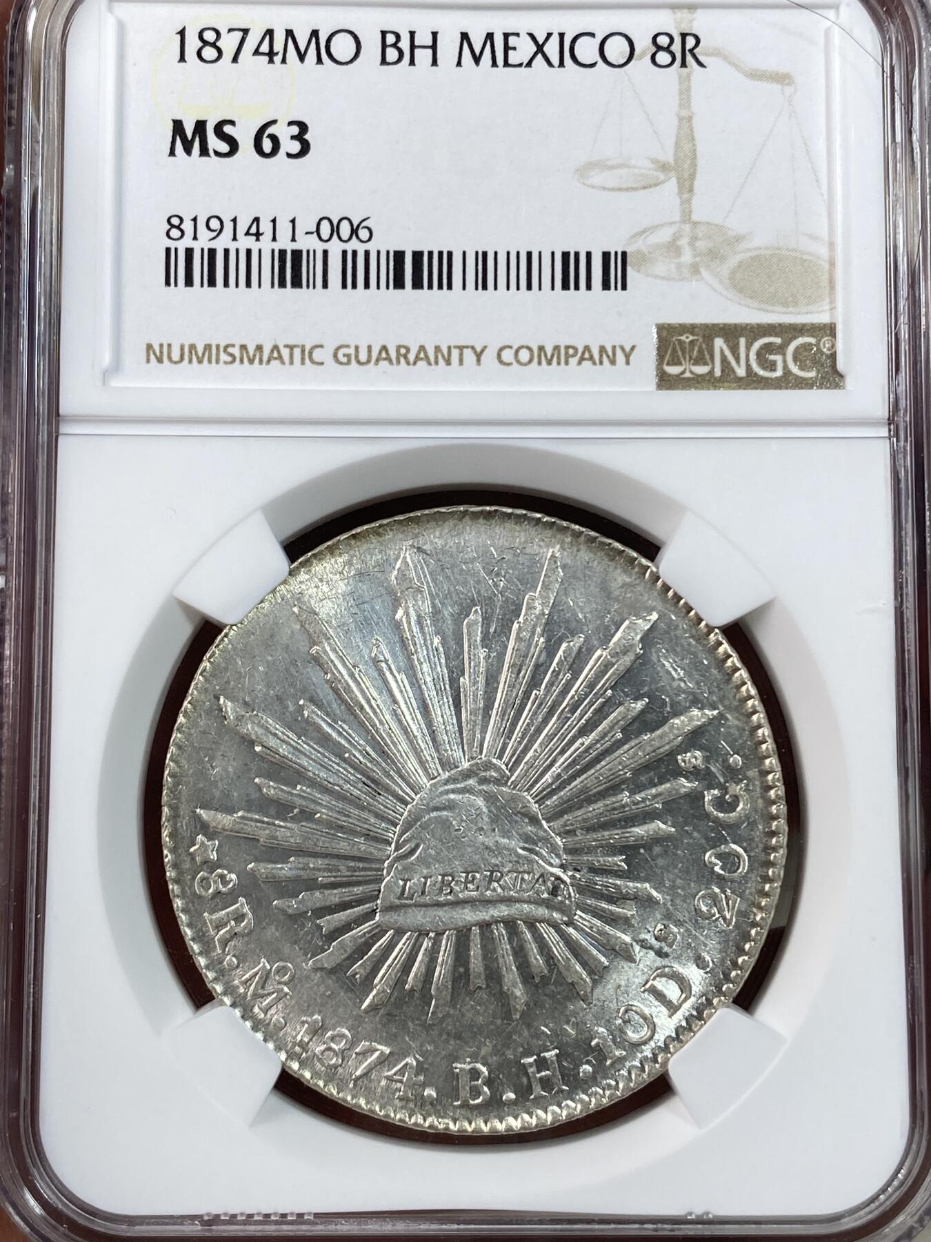 万国钱币拍卖第028期（花前月下●同享良章美币） NGC MS63 1874年墨西哥MO厂8R鹰洋 中期全毛银霜感十足