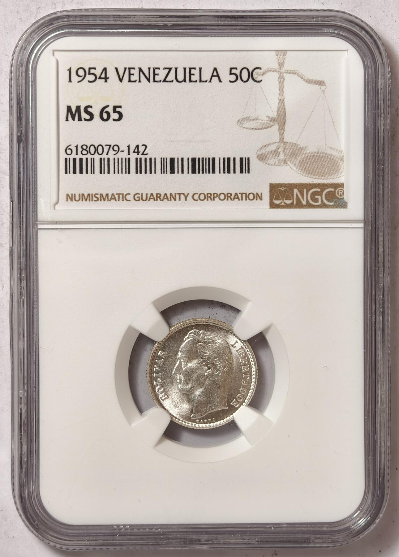 紫瑗钱币——第428期 委内瑞拉 1954年 玻利瓦尔 50分 银币 NGC MS65