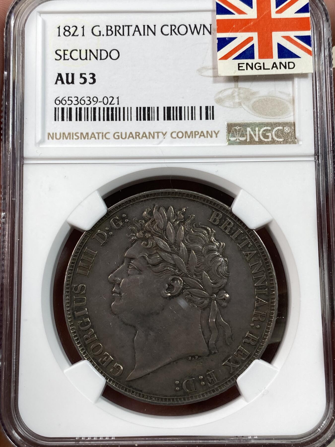 万国钱币拍卖第028期（花前月下●同享良章美币） NGC AU53 1821年英国乔治四世马剑屠龙1克朗 超级原味好状态