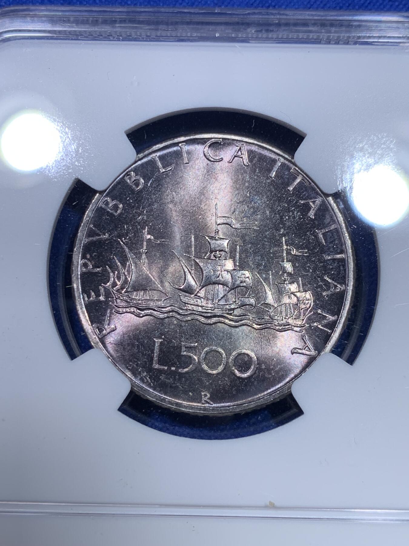 《竞宝斋》第284场- 周日，周一 2场连拍 （全场包邮） NGC MS65 意大利1970美女帆船500里拉银币