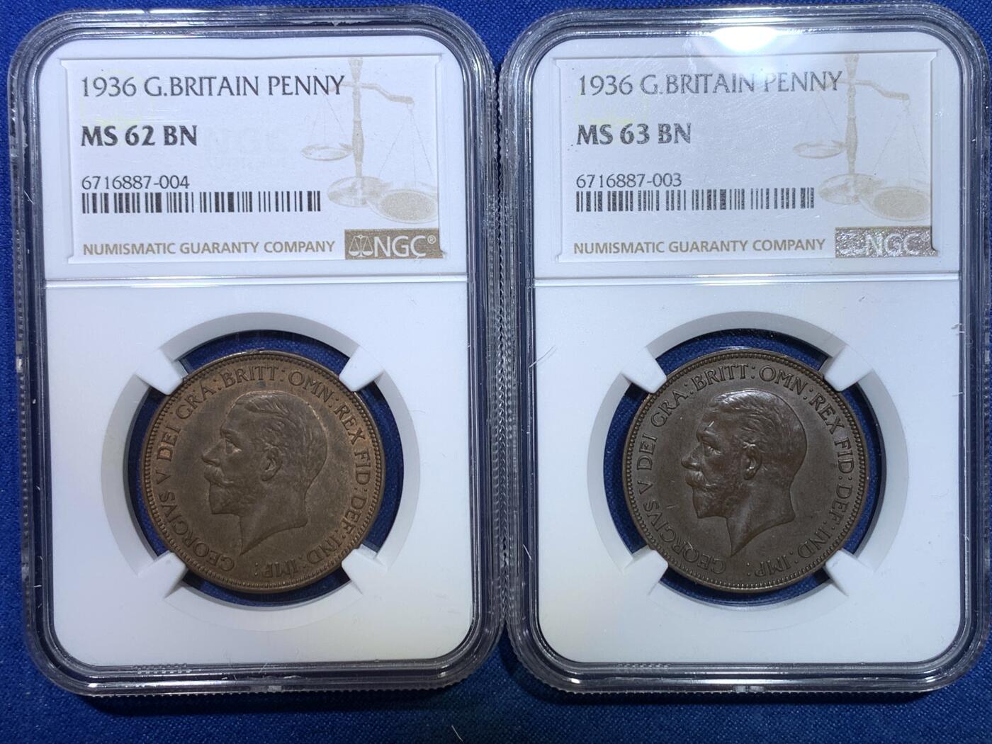 《竞宝斋》第284场- 周日，周一 2场连拍 （全场包邮） 两枚一组 NGC MS62BN/MS63BN 英国1936年乔治五世1便士铜币