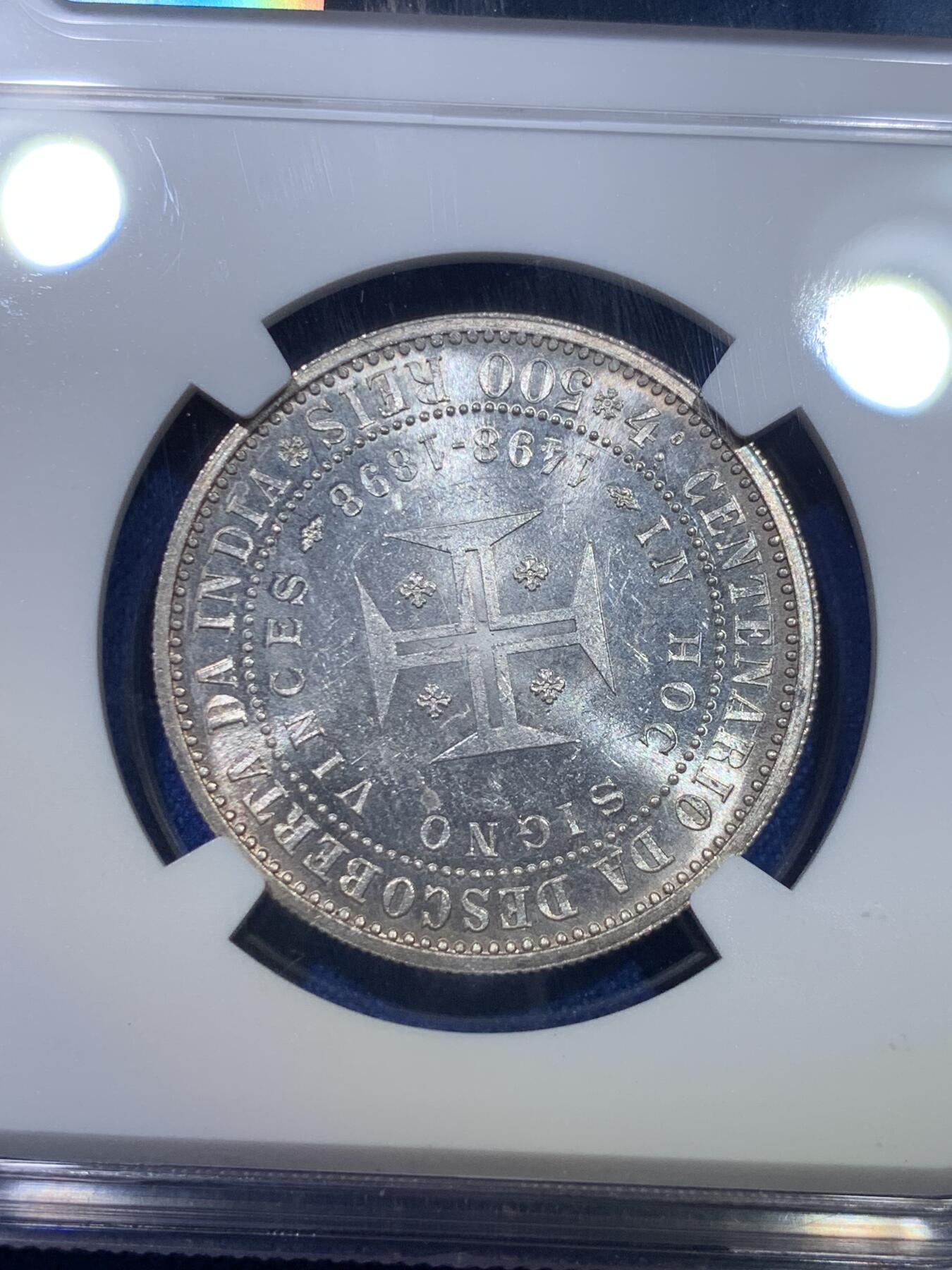 《竞宝斋》第284场- 周日，周一 2场连拍 （全场包邮） NGC MS62 葡萄牙1898年发现印度戎装版500瑞斯银币