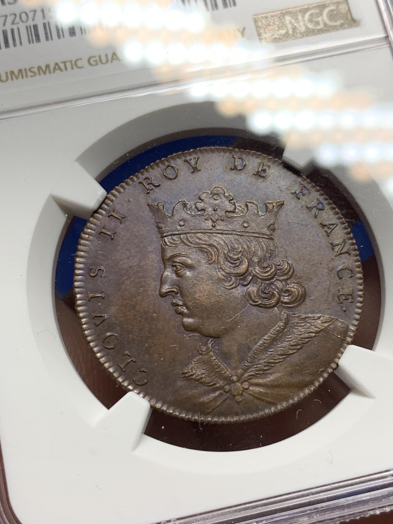 《竞宝斋》第284场- 周日，周一 2场连拍 （全场包邮） NGC MS62BN 法国1830-48克洛维二世国王铜章