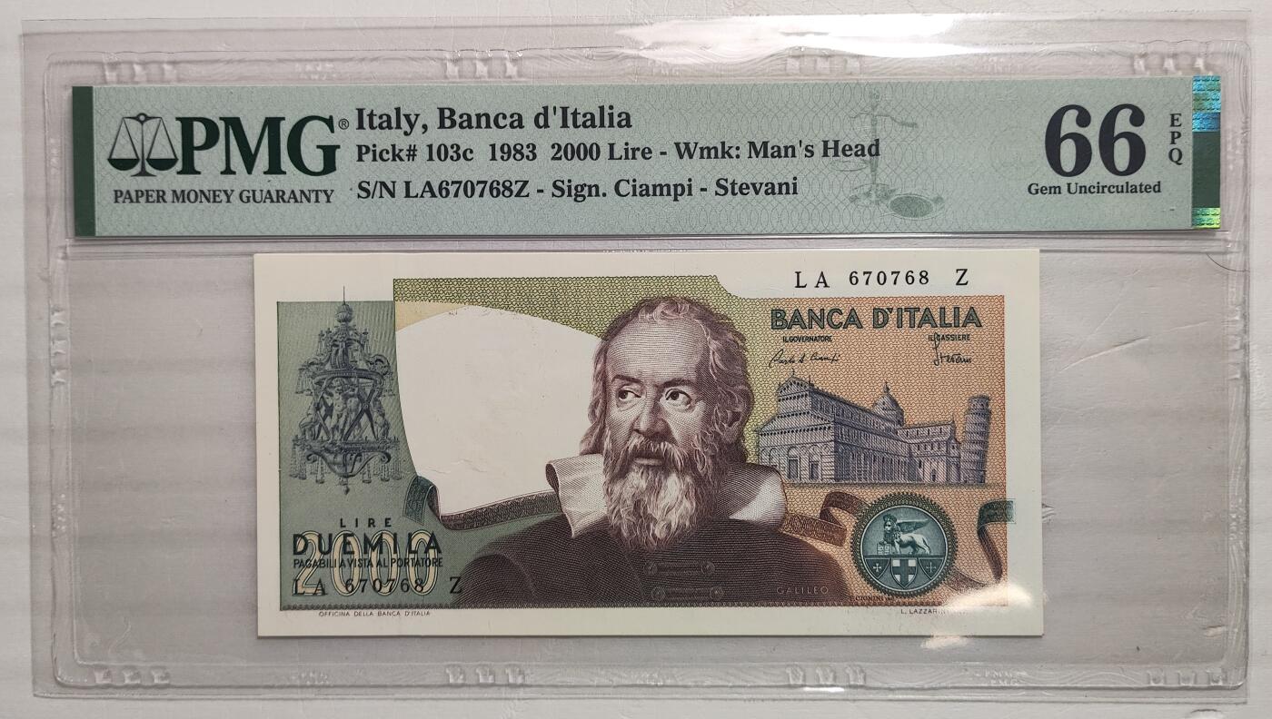 紫瑗钱币——第375期拍卖——纸币场 【PMG 66 EPQ 】意大利 1983年 伽利略 2000里拉 （P-103C）