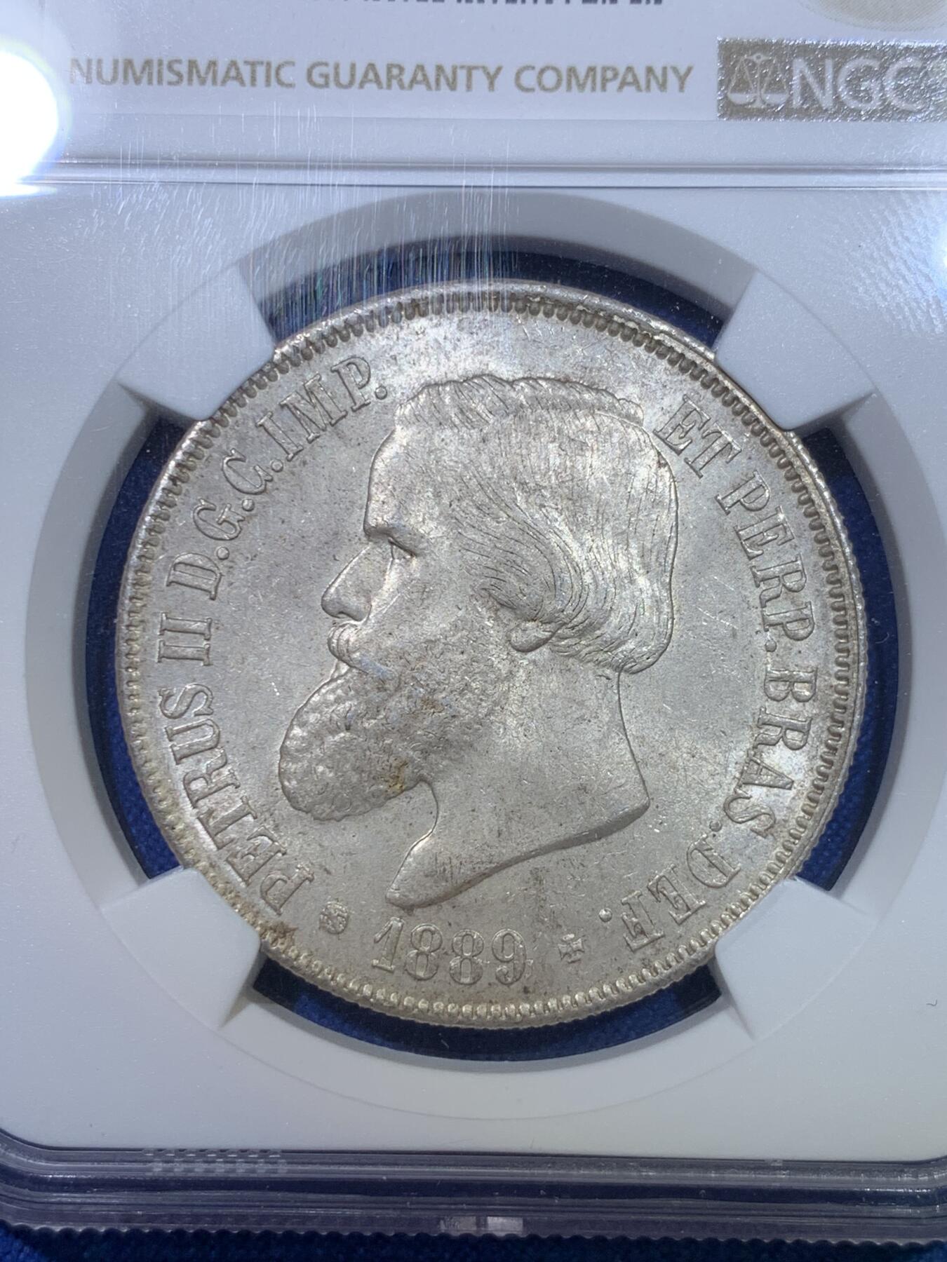 《竞宝斋》第284场- 周日，周一 2场连拍 （全场包邮） NGC MS63 巴西帝国 1889年 佩德罗二世 2000瑞斯 银币