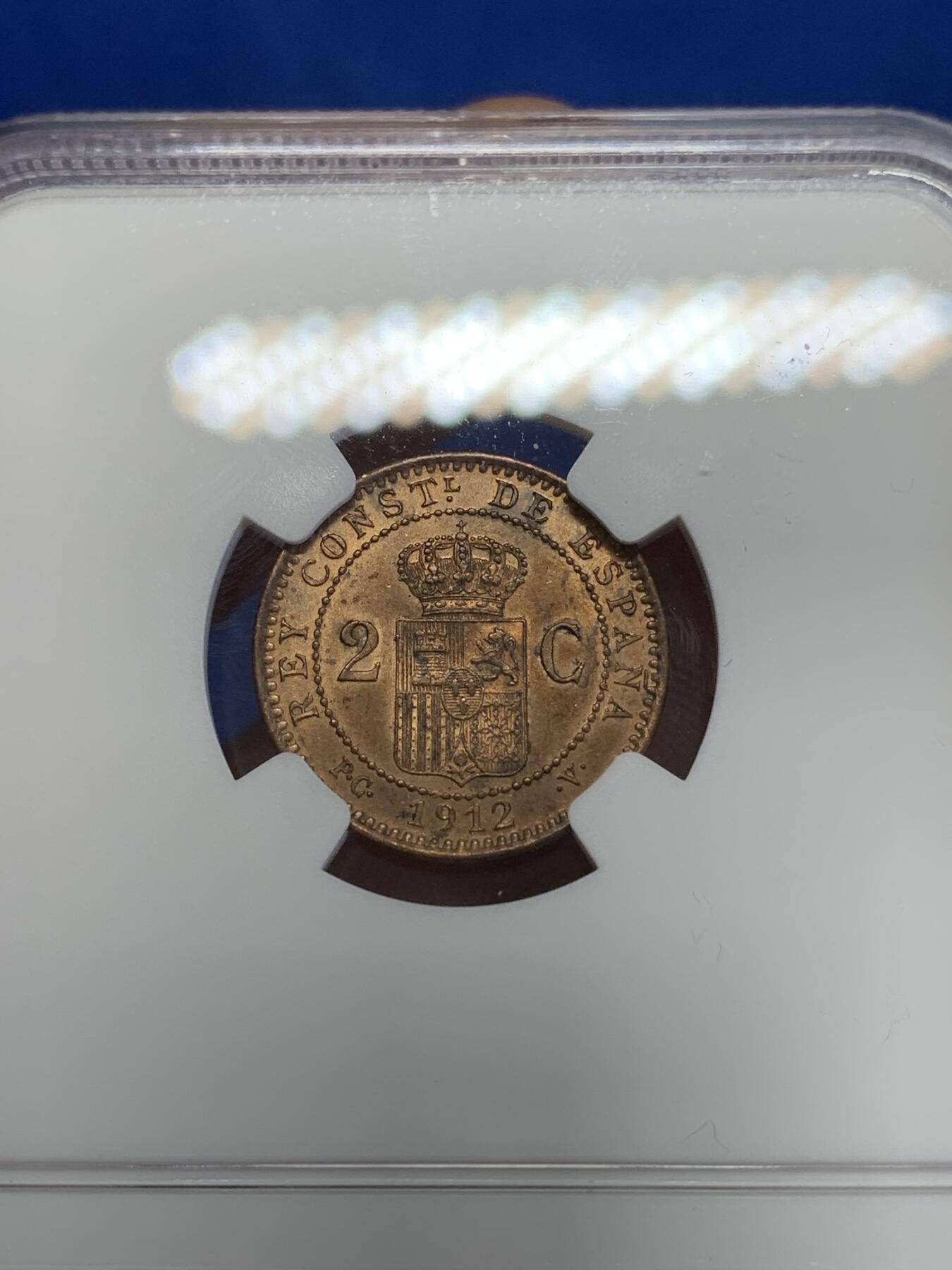 《竞宝斋》第284场- 周日，周一 2场连拍 （全场包邮） NGC UNCD 西班牙1912年阿方索十三世2分铜币