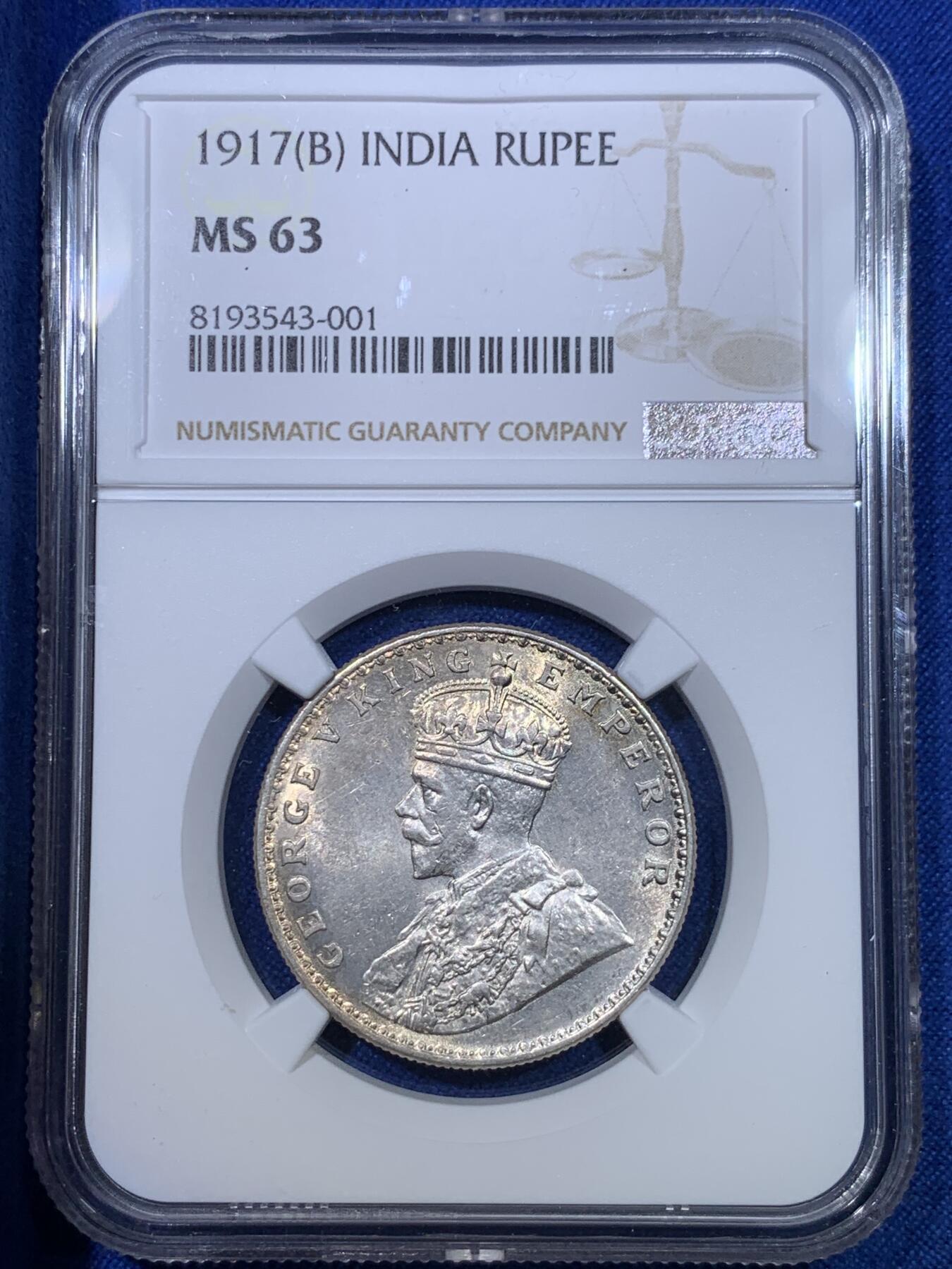 《竞宝斋》第284场- 周日，周一 2场连拍 （全场包邮） NGC MS63 印度1917年乔治五世版1卢比银币 底板丝滑 转光感完美