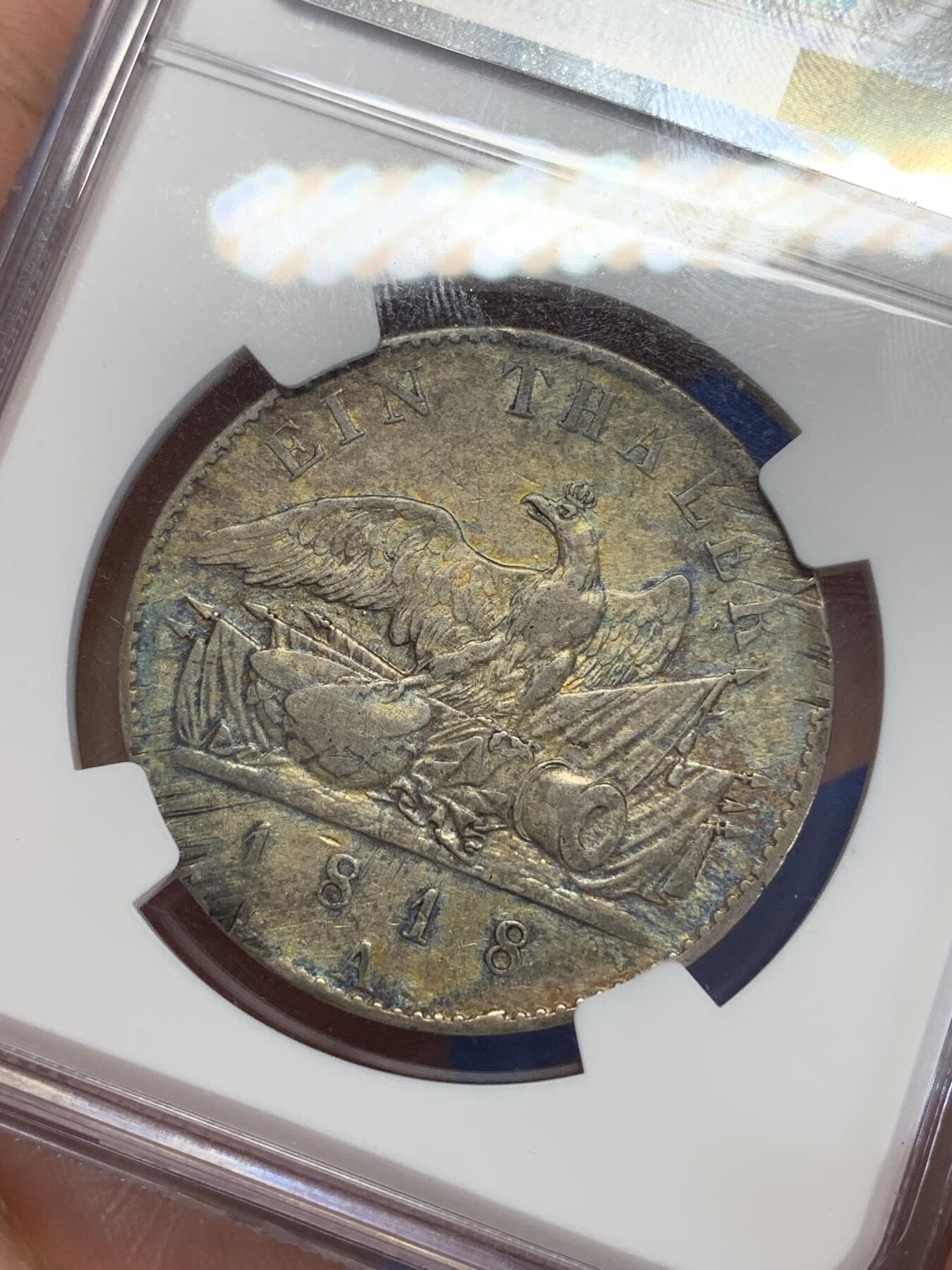 《竞宝斋》第284场- 周日，周一 2场连拍 （全场包邮） NGC XFD 德国1818A年普鲁士鹰炮1泰勒银币 老泰勒又涨了