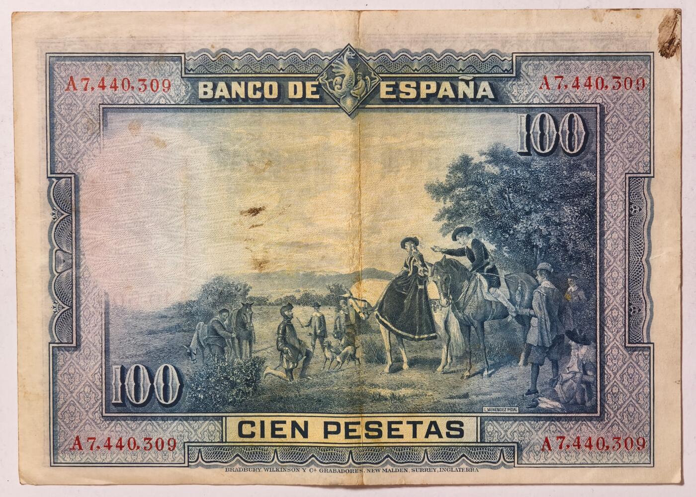 紫瑗钱币——第391期拍卖——纸币场 西班牙 1928年 中央银行 油画《唐吉坷德》 100比塞塔 流通品 (P-76a)