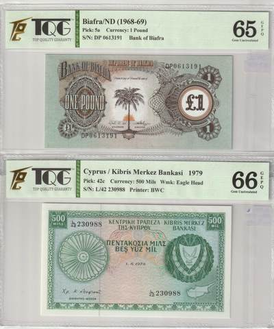 PThappally收藏第35次拍卖，英联邦地区硬币纸币 - CYPRUS, Central Bank of Cyprus, 1979 500 Mils, Sign. Christakis, Pik 42c & Biafra 1968 1 Pound Pick 5a  TQG 65 & 66 GEPQ Gem UNC