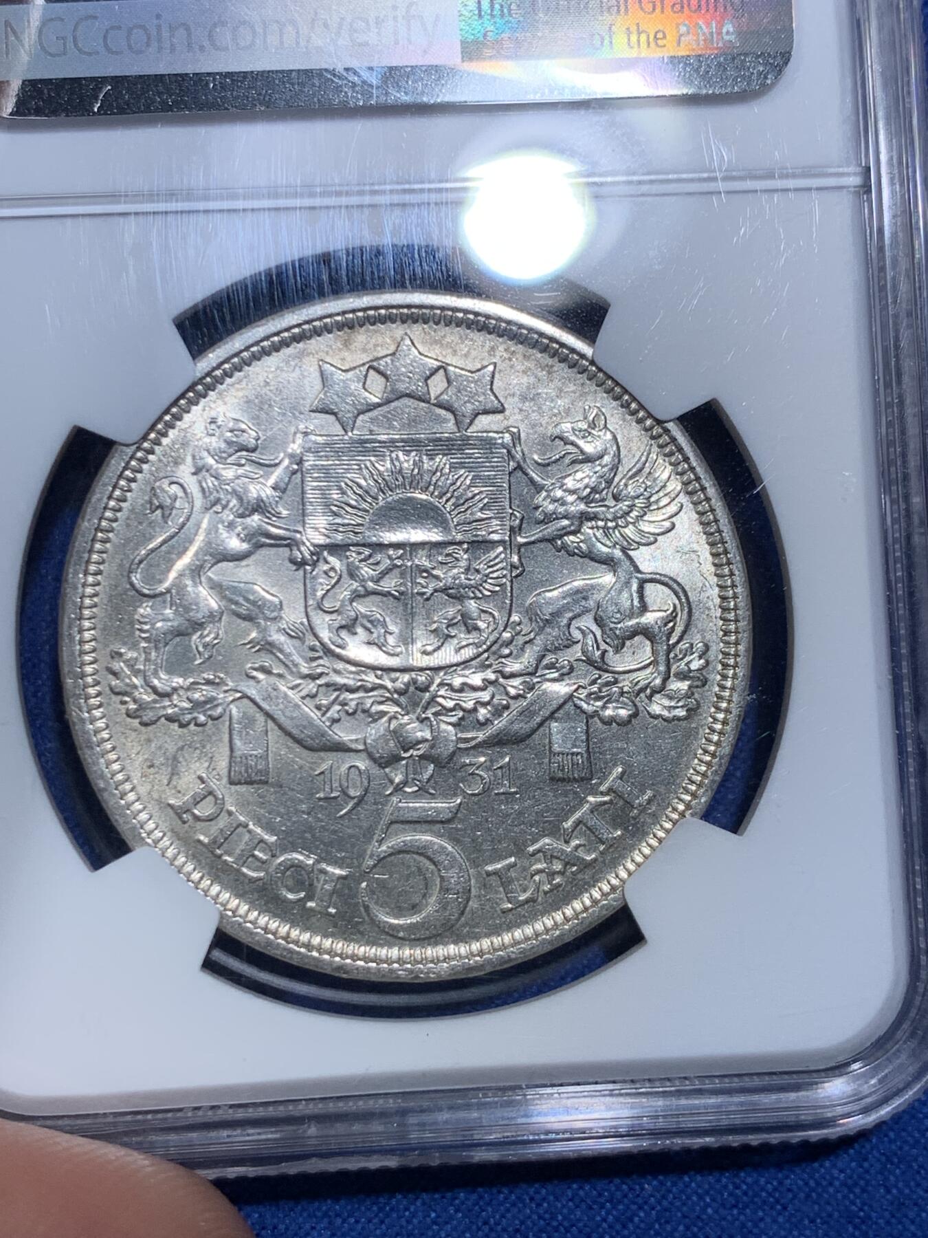 《竞宝斋》第284场- 周日，周一 2场连拍 （全场包邮） NGC MS62 拉脱维亚1931年少女5里拉银币 原光车轮光 略有低评