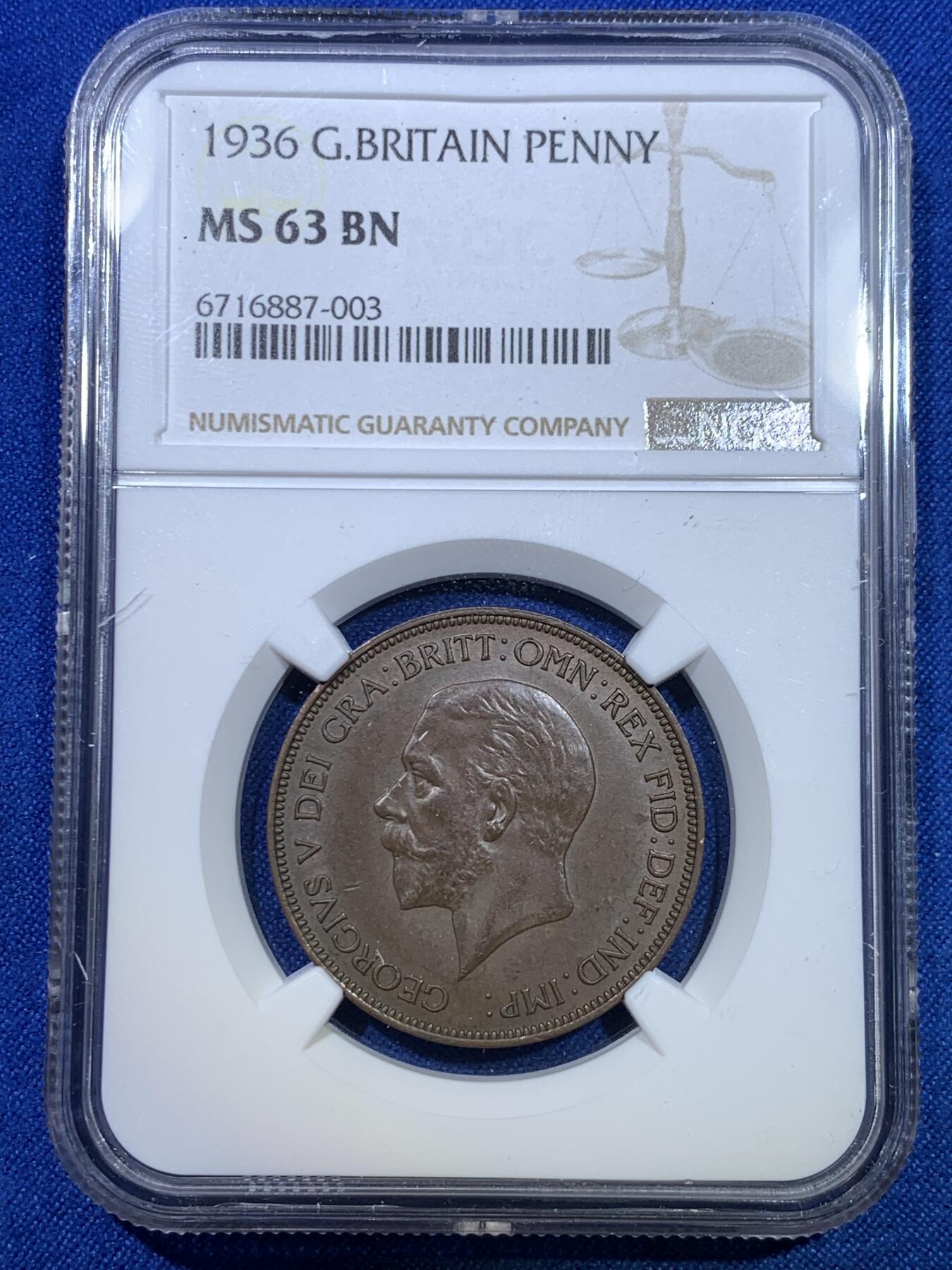 《竞宝斋》第284场- 周日，周一 2场连拍 （全场包邮） 两枚一组 NGC MS62BN/MS63BN 英国1936年乔治五世1便士铜币