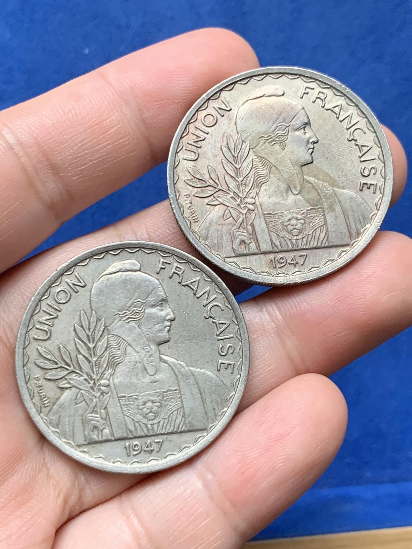 《竞宝斋》第284场- 周日，周一 2场连拍 （全场包邮） 两枚一组 法属印支1947年1皮亚斯特镍币