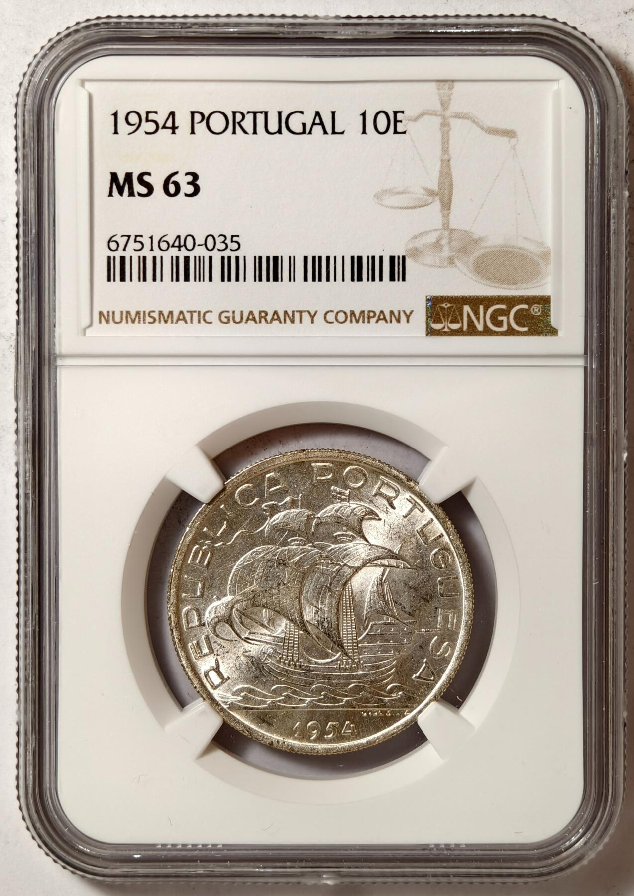 紫瑗钱币——第376期拍卖 葡萄牙 1954年 帆船 10埃斯库多 银币 NGC MS63