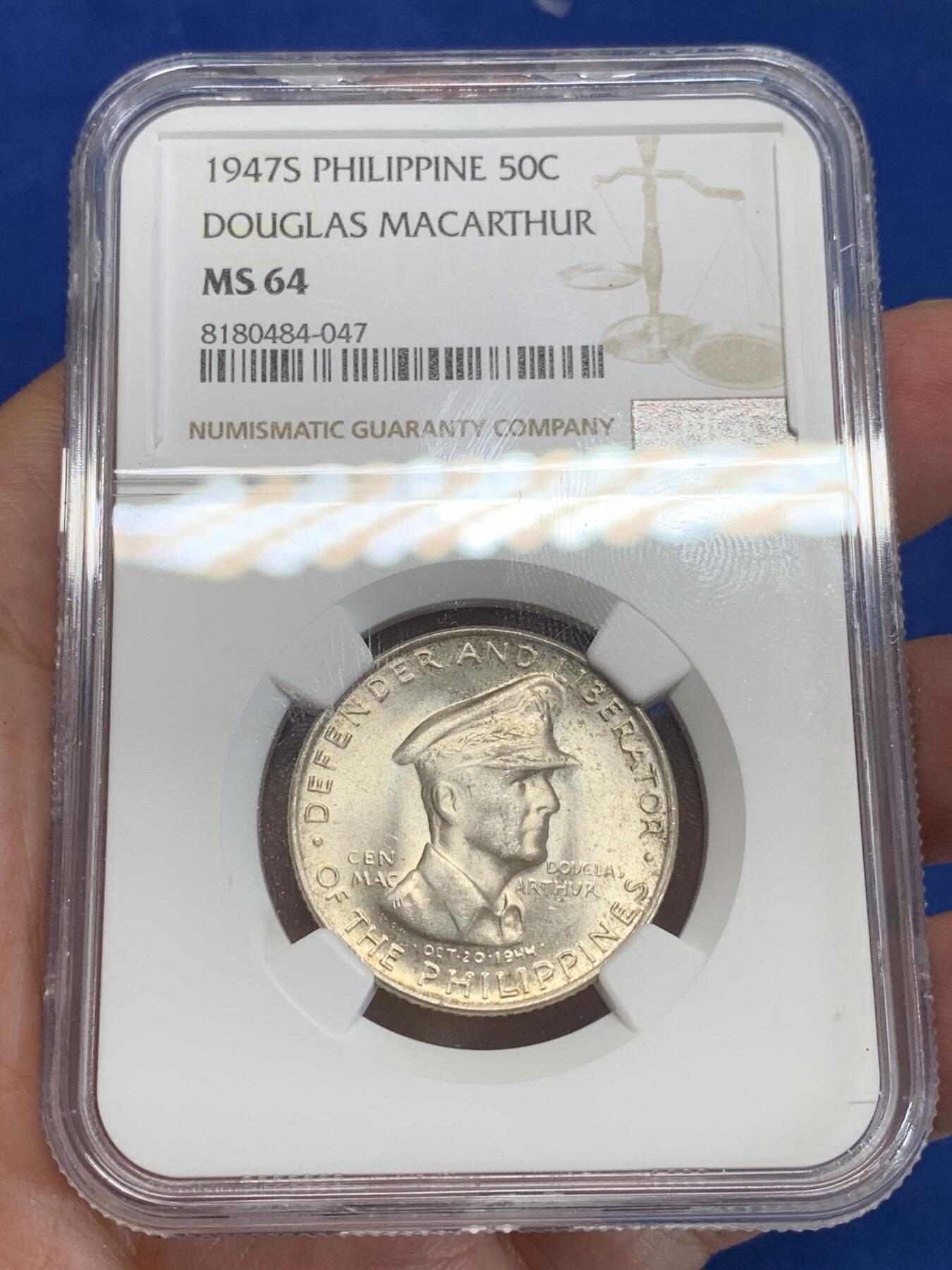 《竞宝斋》第284场- 周日，周一 2场连拍 （全场包邮） NGC MS64 菲律宾1947年S版50分 绝对低评！麦克阿瑟纪念银币 大热品种 两面包浆极为漂亮