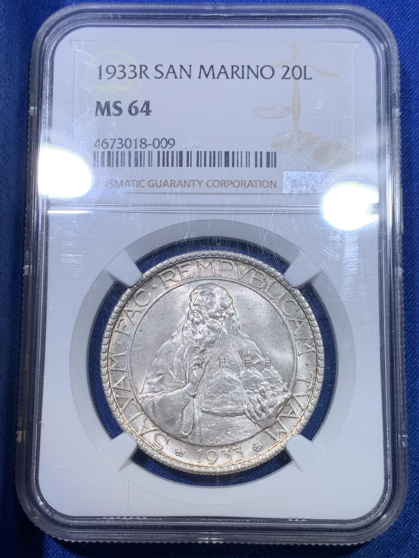 《竞宝斋》第284场- 周日，周一 2场连拍 （全场包邮） NGC MS64 圣马力诺1933年20里拉 高分好状态