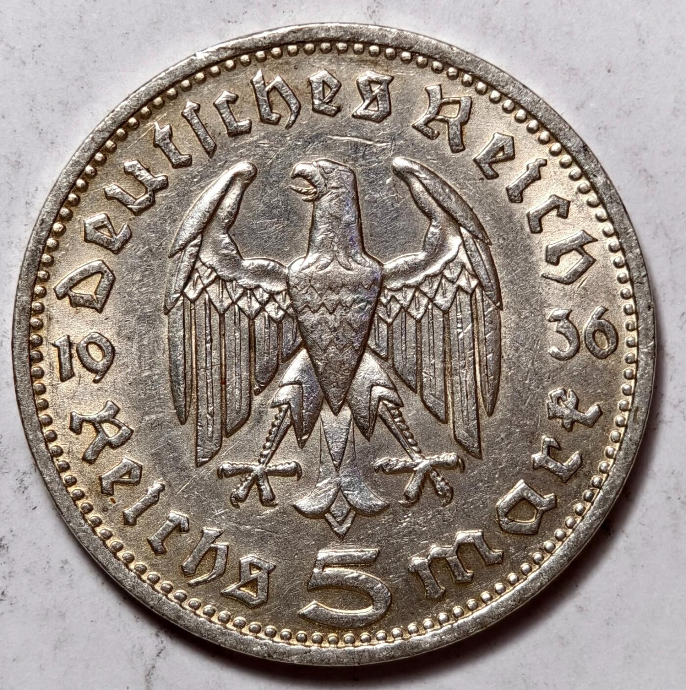 紫瑗钱币——第376期拍卖 德国 1936年 D版 兴登堡 5马克 13.9克 0.9银
