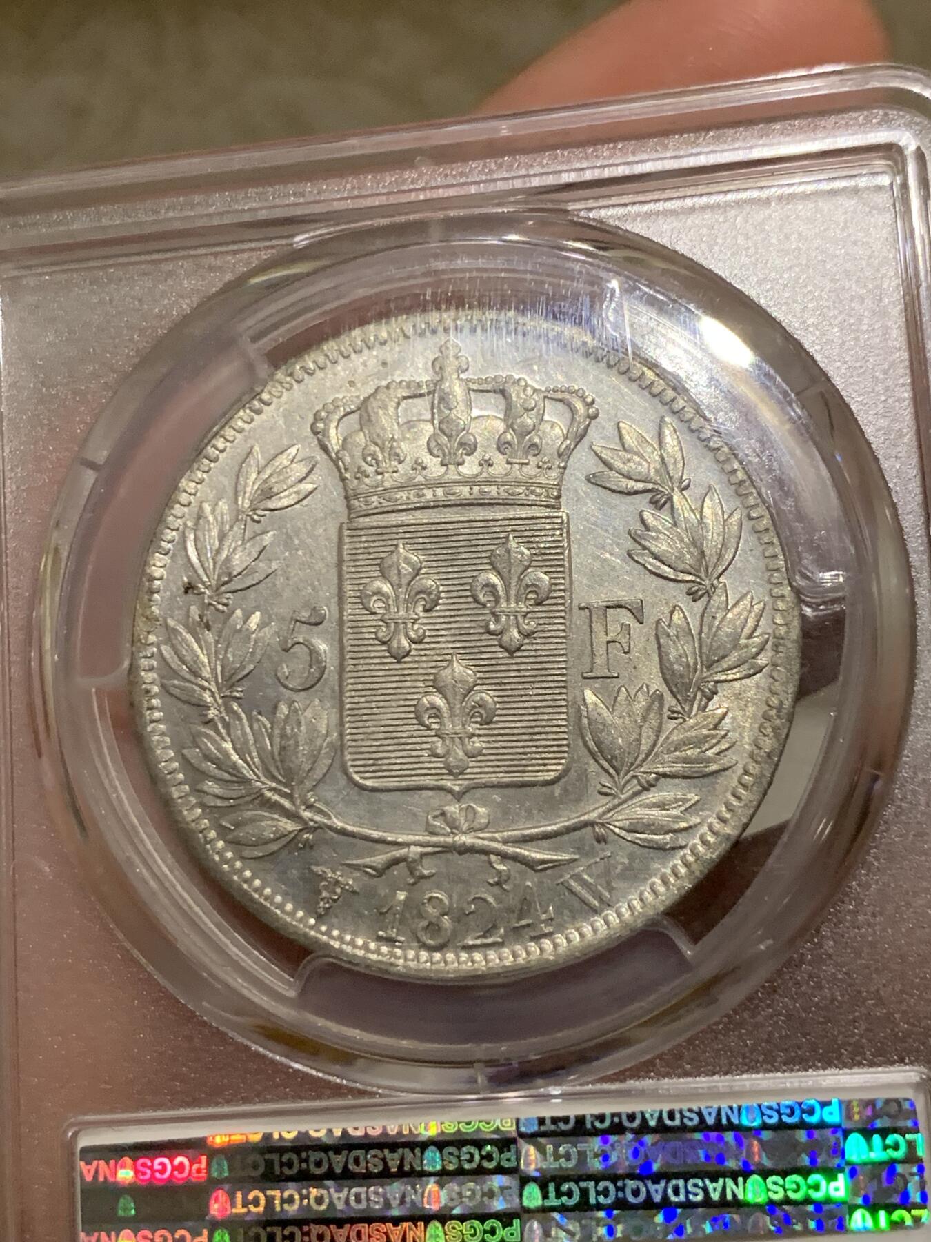 《竞宝斋》第284场- 周日，周一 2场连拍 （全场包邮） PCGS AU58 法国1824年路易十八5法郎 少见W厂 镜面底板 原光车轮光 严重低评