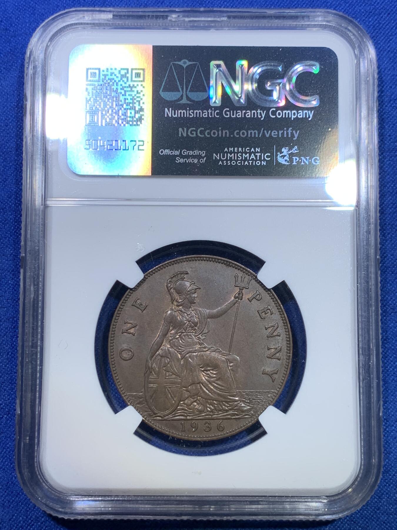 《竞宝斋》第284场- 周日，周一 2场连拍 （全场包邮） 两枚一组 NGC MS62BN/MS63BN 英国1936年乔治五世1便士铜币