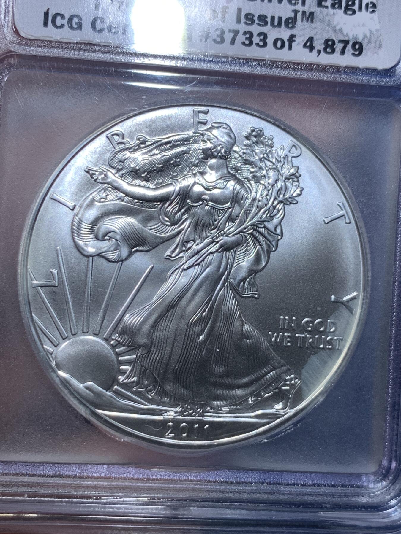 《竞宝斋》第284场- 周日，周一 2场连拍 （全场包邮） ICG MS70  美国2011行走女神纪念银币 美国ICG评级公司 特殊25周年纪念标签 满分 无暇好品普质纪念银币