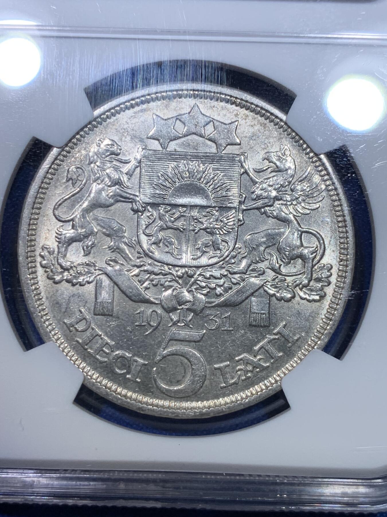 《竞宝斋》第284场- 周日，周一 2场连拍 （全场包邮） NGC MS62 拉脱维亚1931年少女5里拉银币 原光车轮光 略有低评