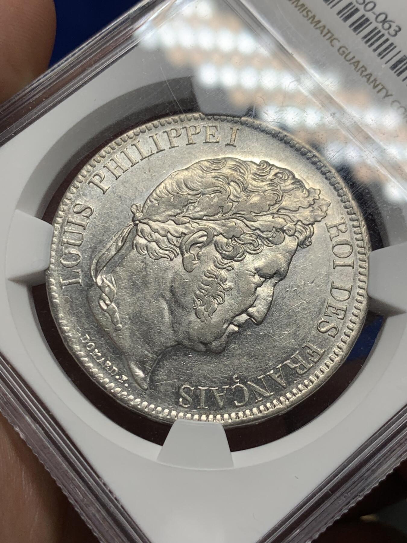 《竞宝斋》第284场- 周日，周一 2场连拍 （全场包邮） NGC AU55 法国1833T年菲利普一世5法郎大银币 唯一亚军分，更高分仅有一枚，小年，两百年前的币子光洁如昨