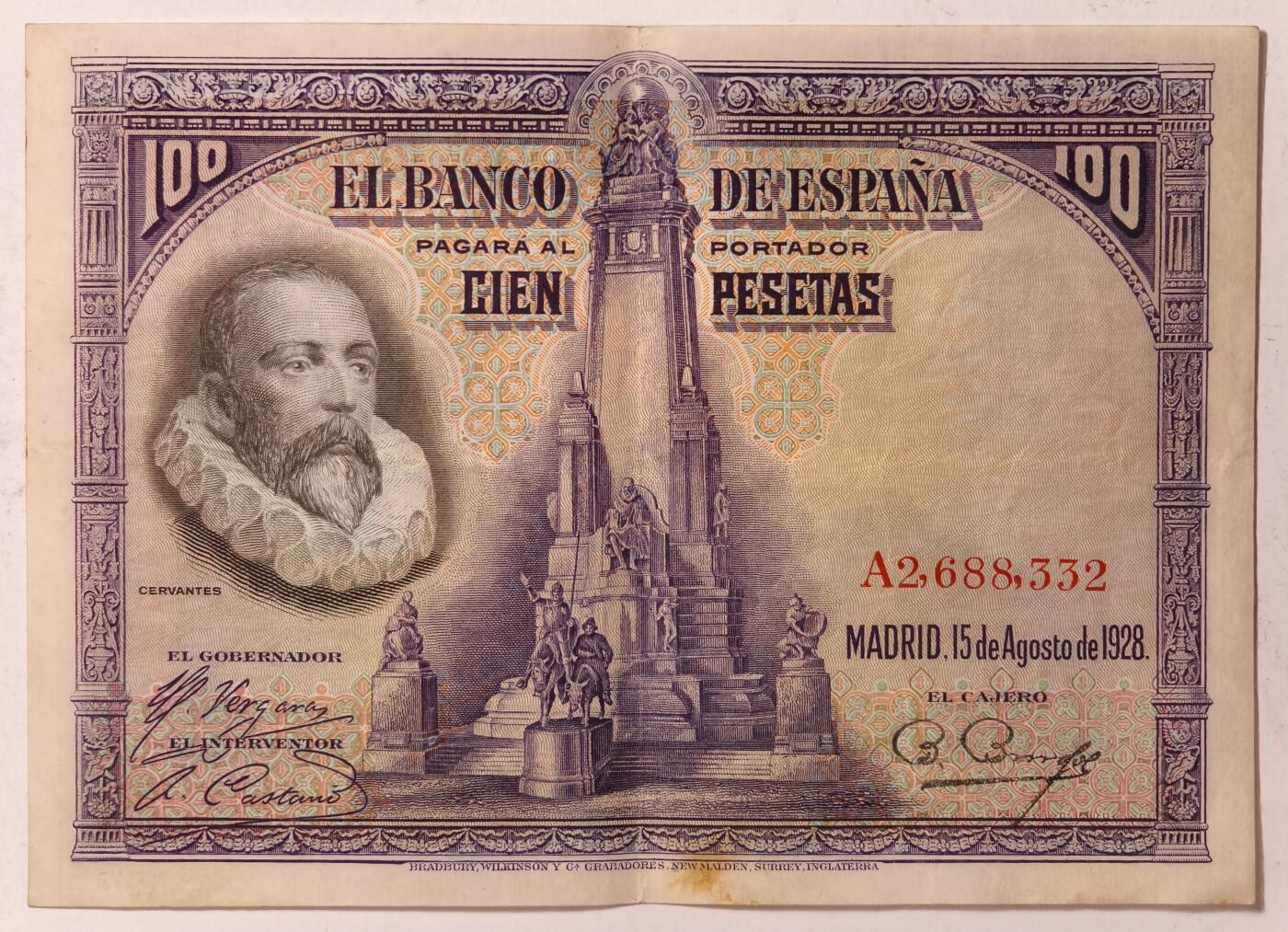 紫瑗钱币——第391期拍卖——纸币场 西班牙 1928年 中央银行 油画《唐吉坷德》 100比塞塔 流通品 (P-76a)