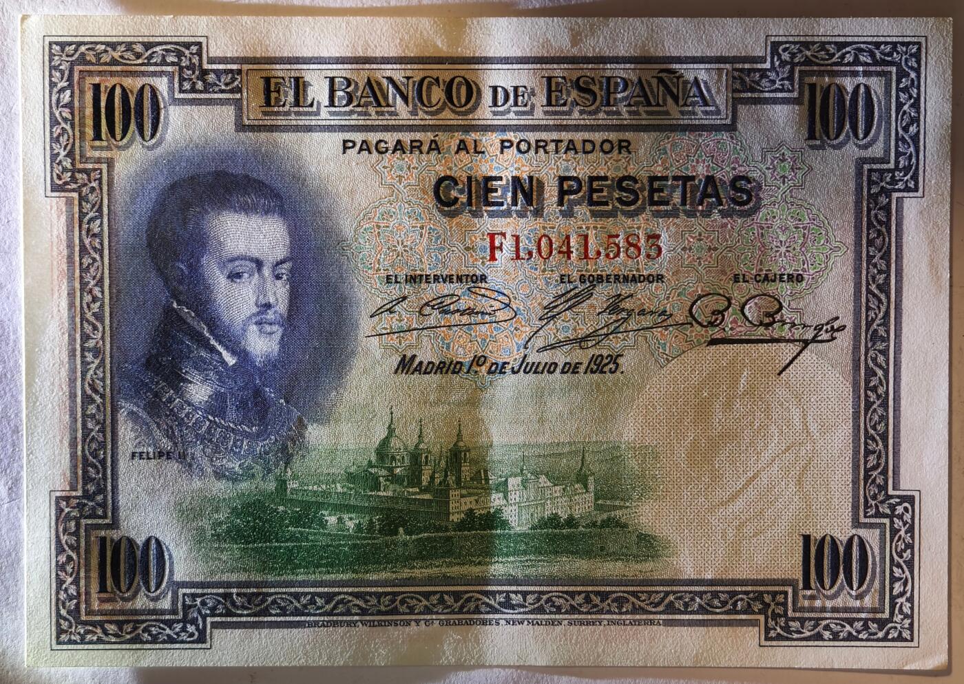 紫瑗钱币——第375期拍卖——纸币场 西班牙 1925年 油画《费利普二世的撤退》 100比塞塔 AU (P-69c)
