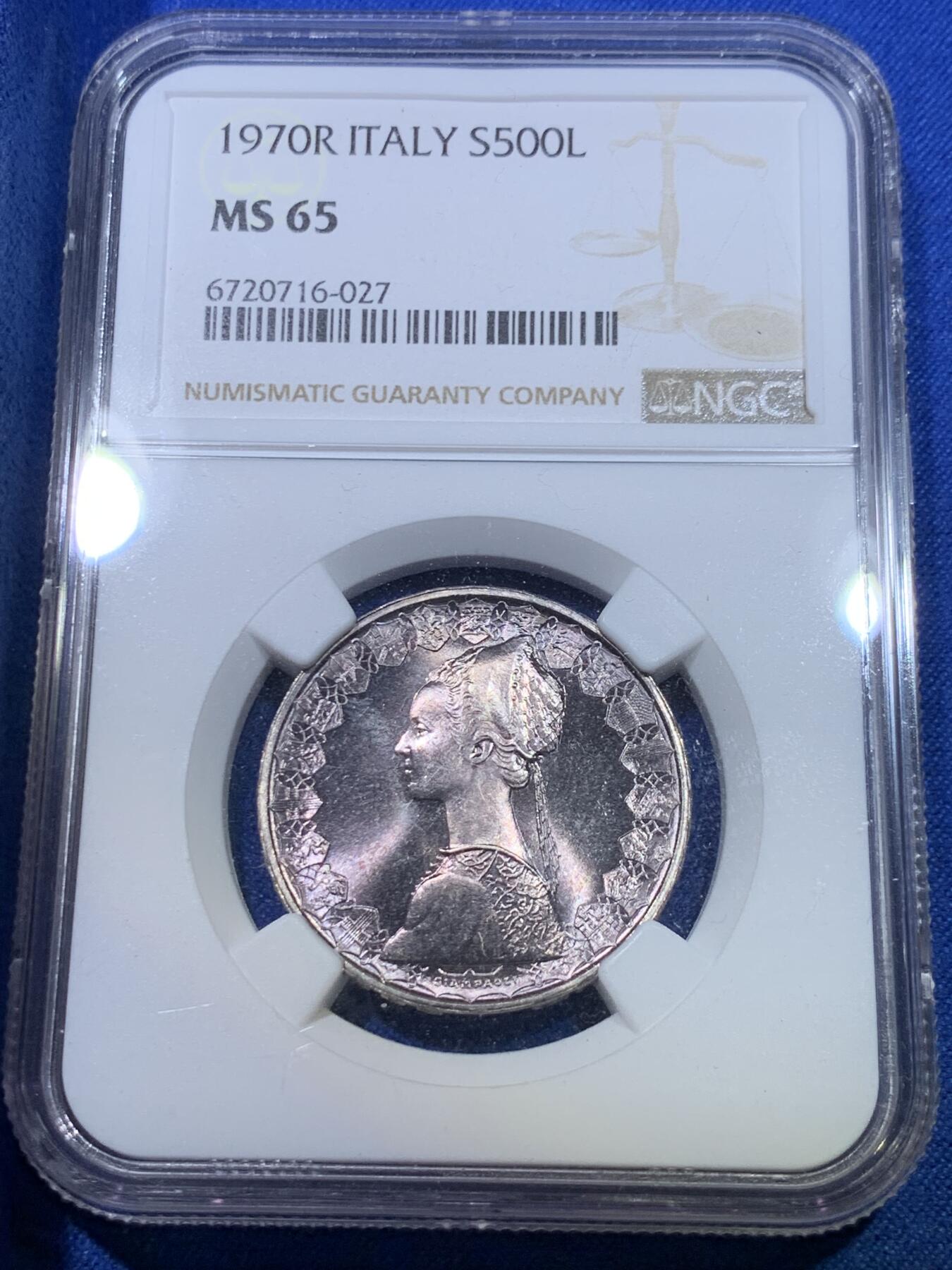 《竞宝斋》第284场- 周日，周一 2场连拍 （全场包邮） NGC MS65 意大利1970美女帆船500里拉银币