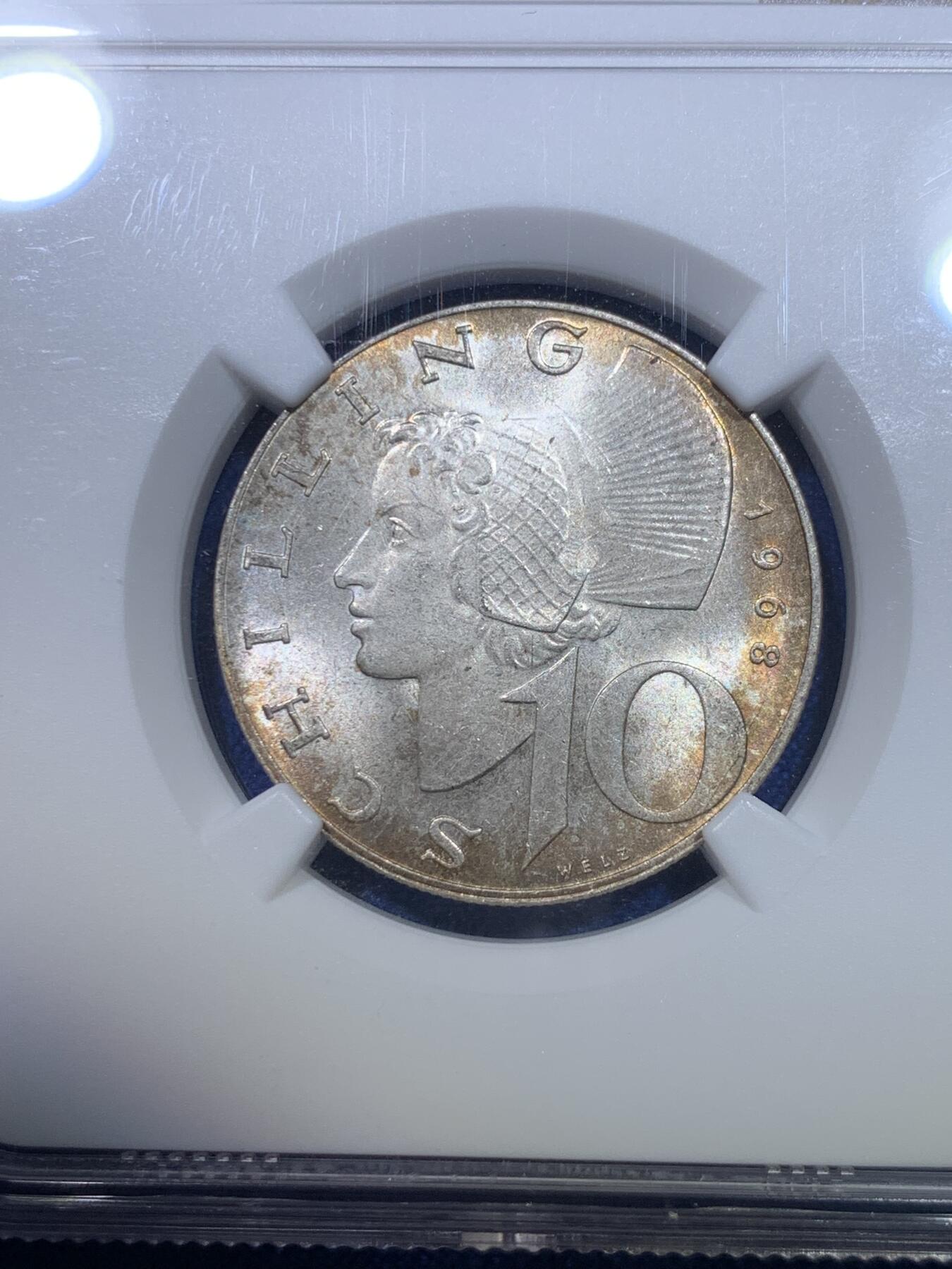 《竞宝斋》第284场- 周日，周一 2场连拍 （全场包邮） 冠军分 NGC MS64 奥地利1968年10先令银币