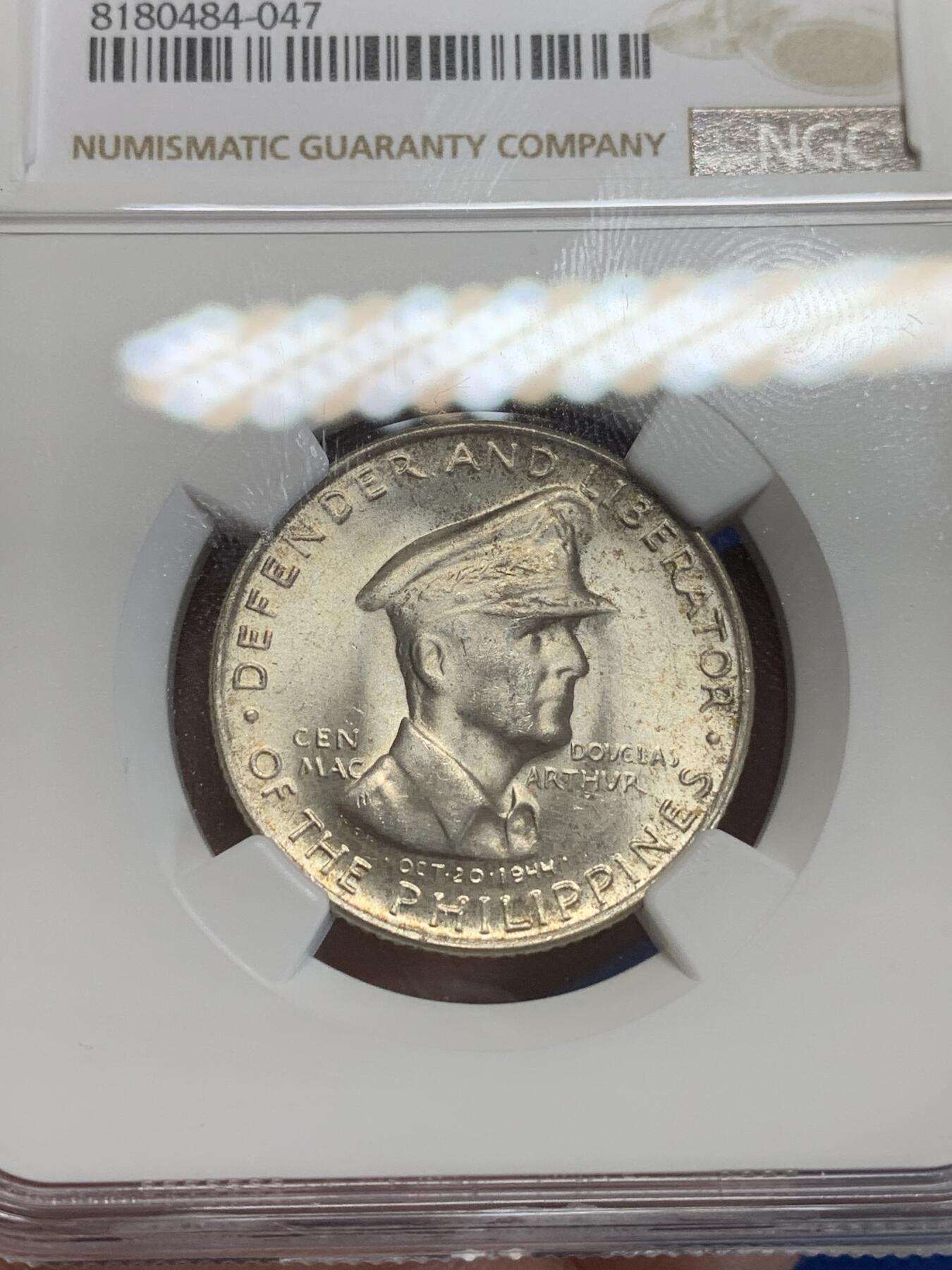 《竞宝斋》第284场- 周日，周一 2场连拍 （全场包邮） NGC MS64 菲律宾1947年S版50分 绝对低评！麦克阿瑟纪念银币 大热品种 两面包浆极为漂亮