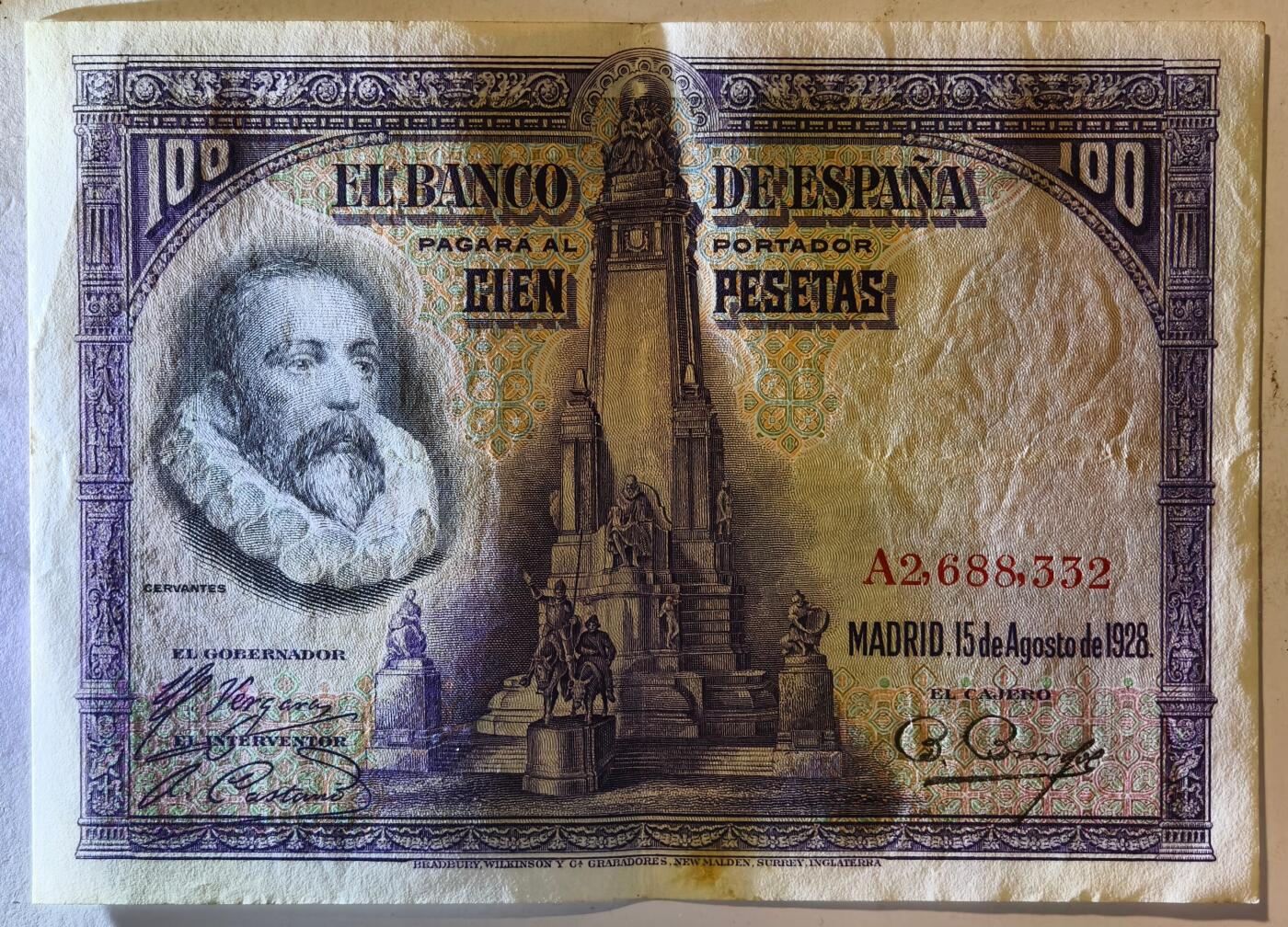 紫瑗钱币——第391期拍卖——纸币场 西班牙 1928年 中央银行 油画《唐吉坷德》 100比塞塔 流通品 (P-76a)