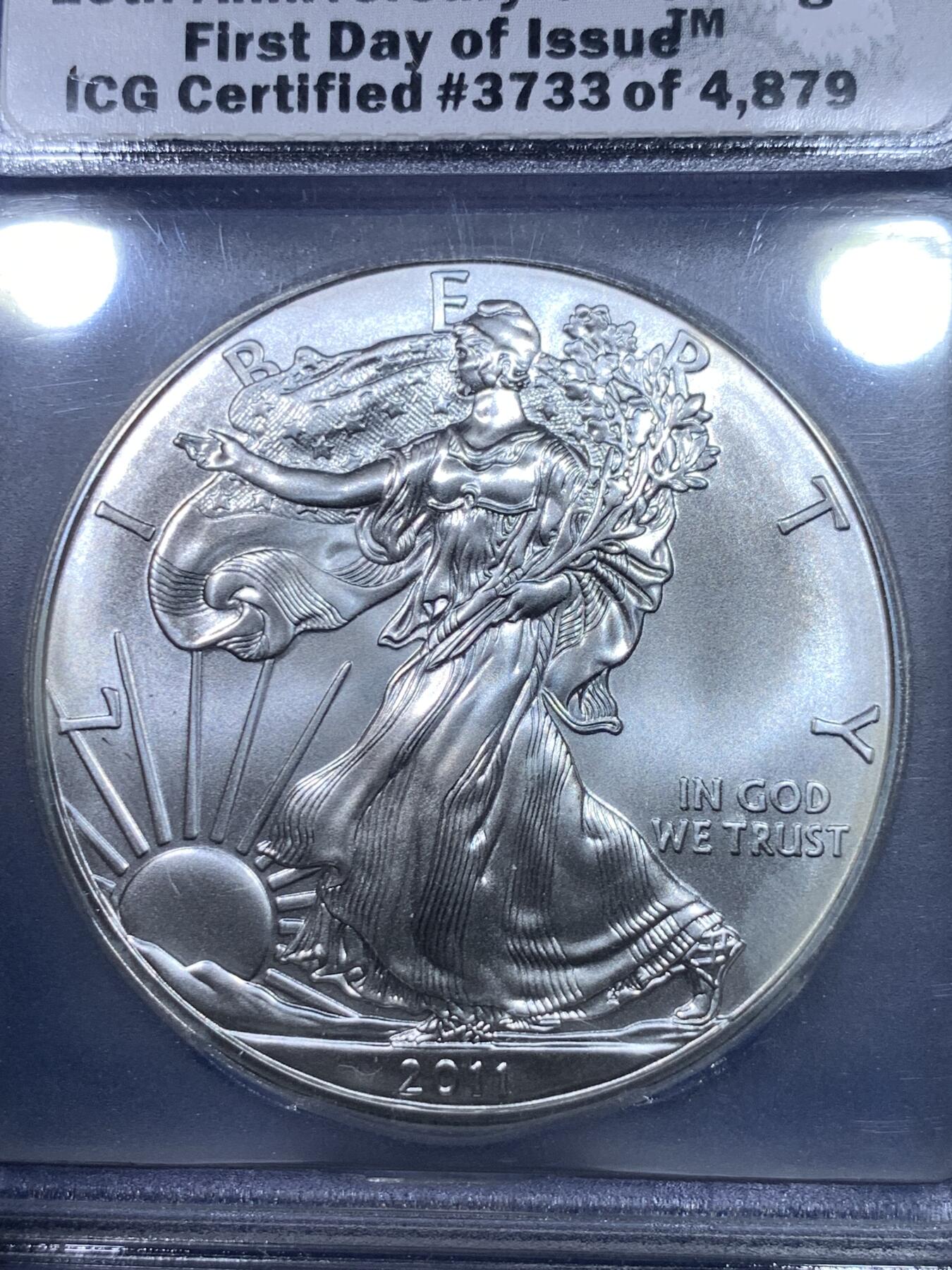 《竞宝斋》第284场- 周日，周一 2场连拍 （全场包邮） ICG MS70  美国2011行走女神纪念银币 美国ICG评级公司 特殊25周年纪念标签 满分 无暇好品普质纪念银币