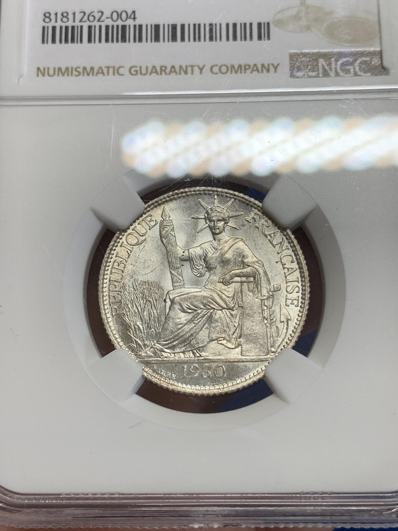《竞宝斋》第284场- 周日，周一 2场连拍 （全场包邮） NGC UNCD 法属印支1930年坐洋20分银币 少见年份