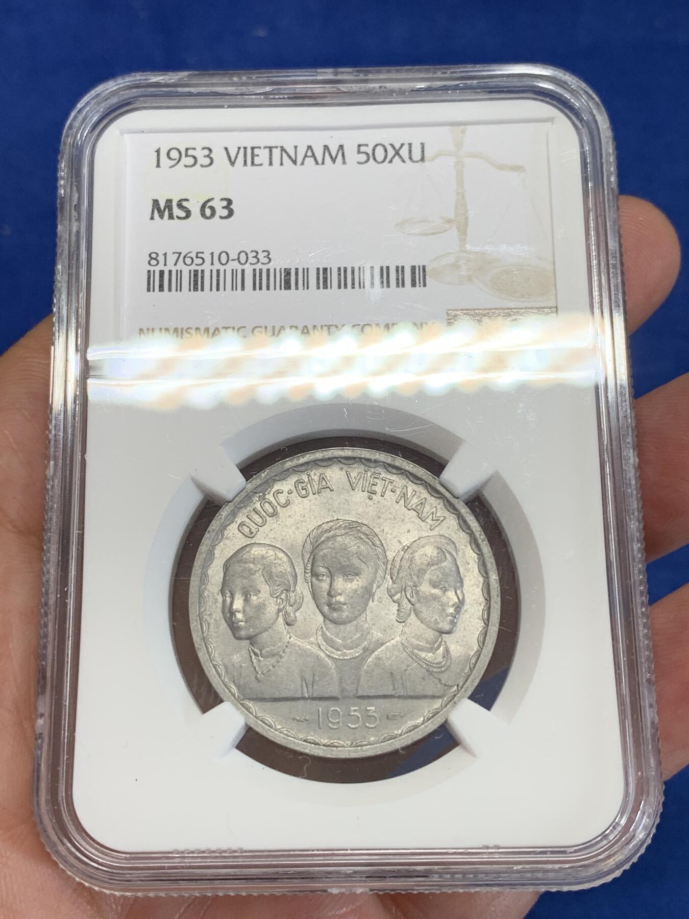 《竞宝斋》第284场- 周日，周一 2场连拍 （全场包邮） NGC MS63 越南1953三美女50苏经典双龙铝币