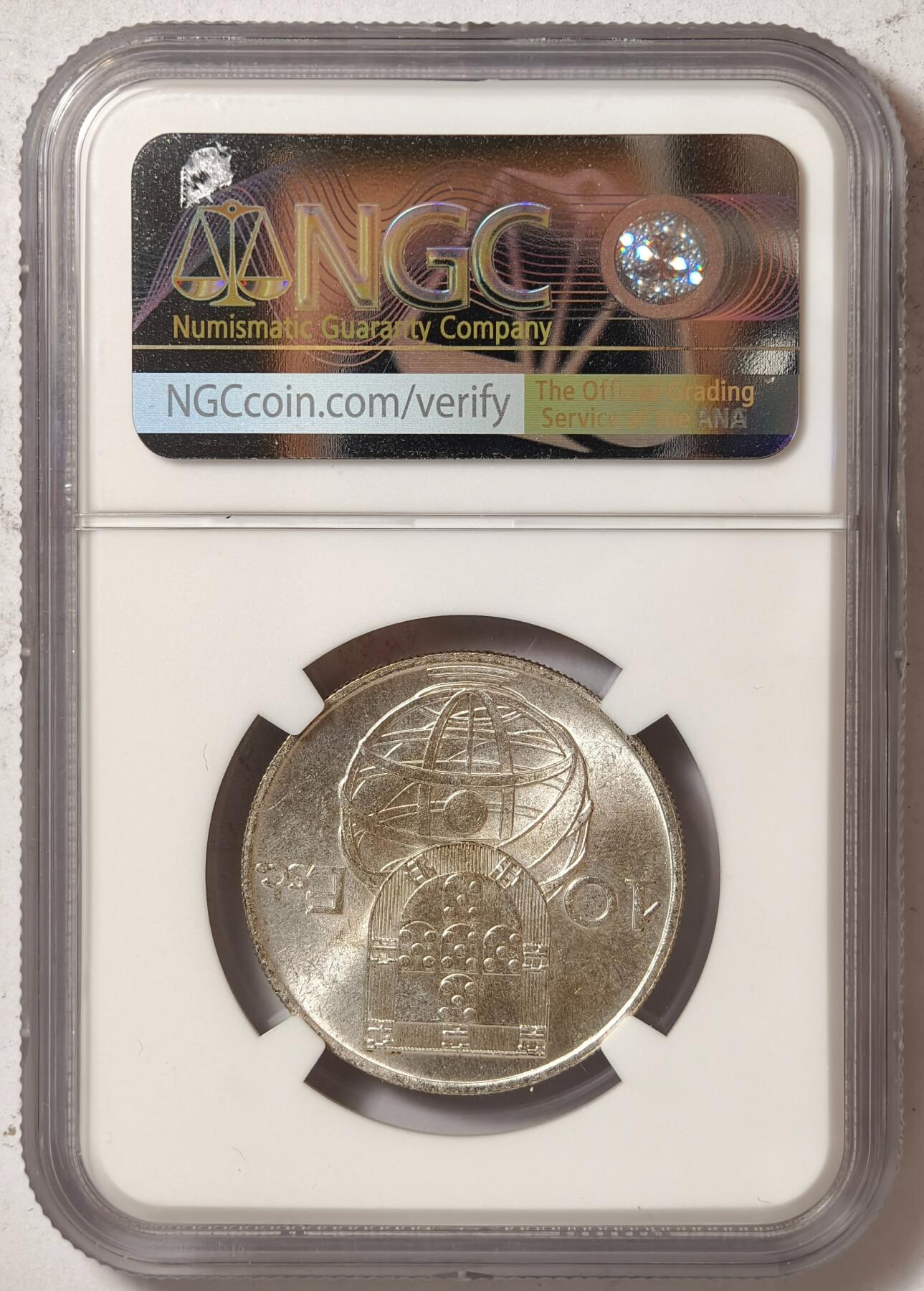 紫瑗钱币——第376期拍卖 葡萄牙 1954年 帆船 10埃斯库多 银币 NGC MS63