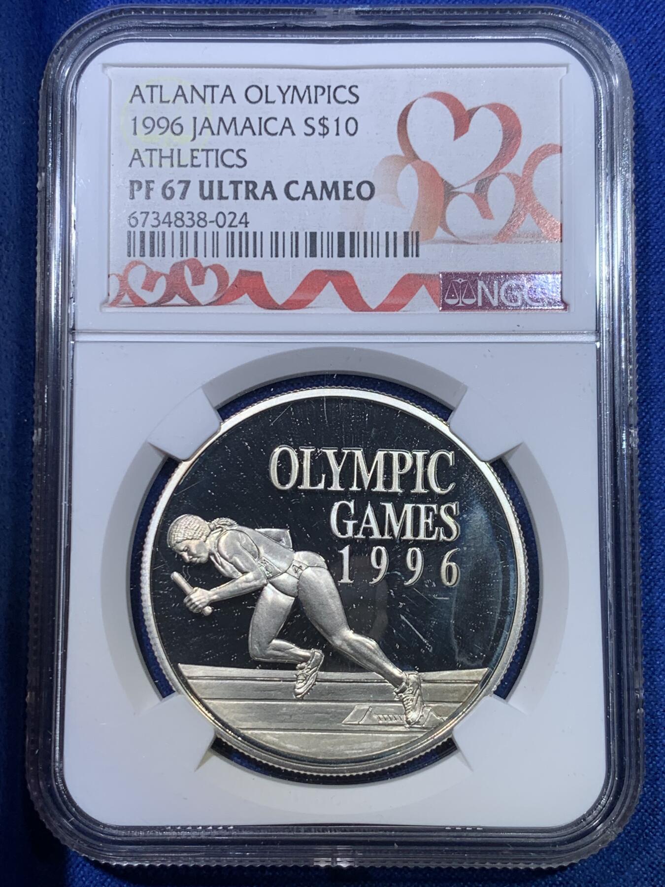 《竞宝斋》第284场- 周日，周一 2场连拍 （全场包邮） NGC PF67UC 牙买加1996亚特兰大奥运会田径10元精制银币 亚军分 红丝带定制标
